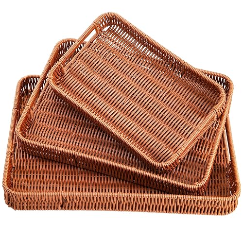 Yarlung 3 Pack Woven Baskets Serving Trays with Handles, Plastic