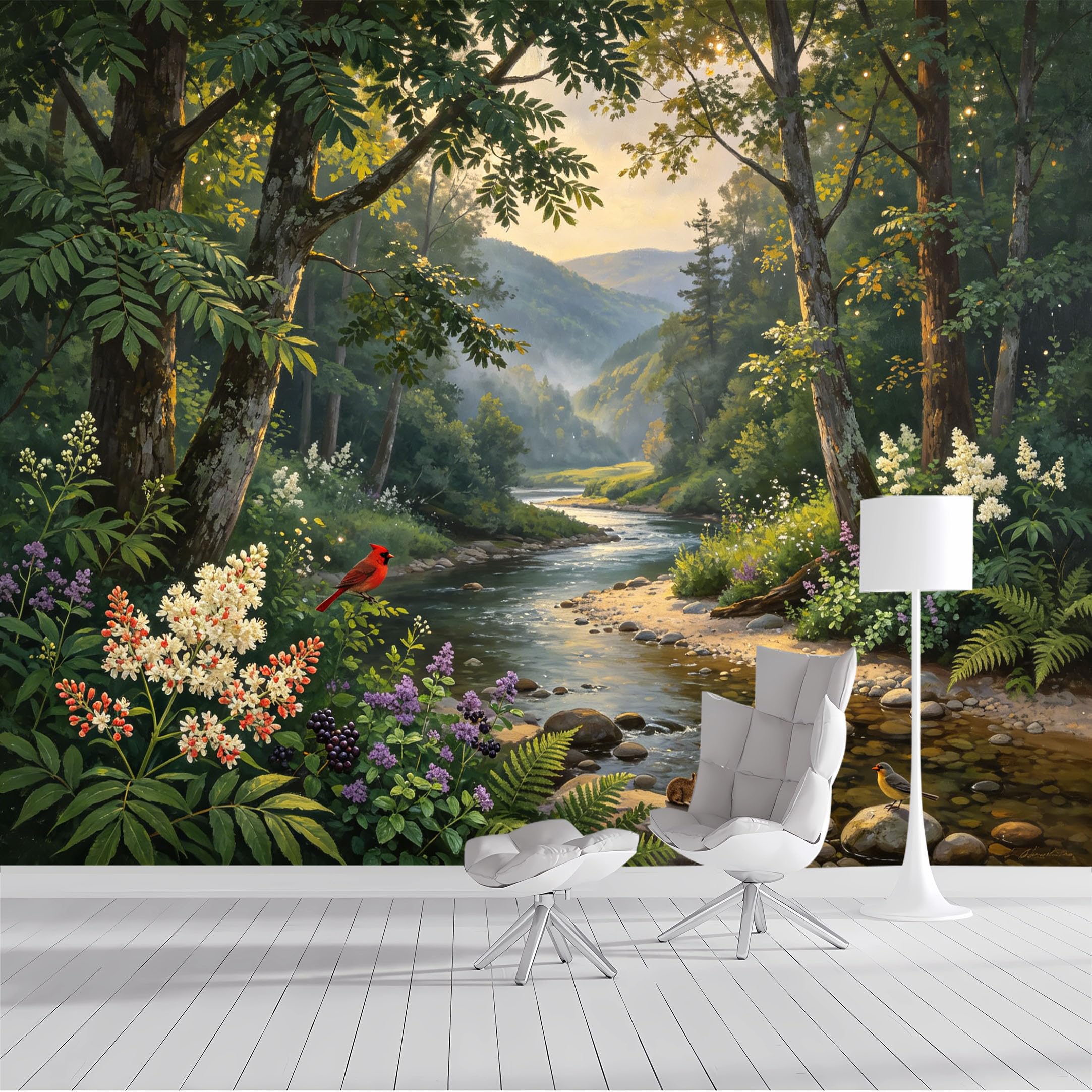 Custom Size Wall Mural Tranquil Forest River Bird Floral Watercolor SelfAdhesive Wall Fabric Removable Peel and Stick Wallpaper Wall Decor for Living Room Bedroom Bathroom