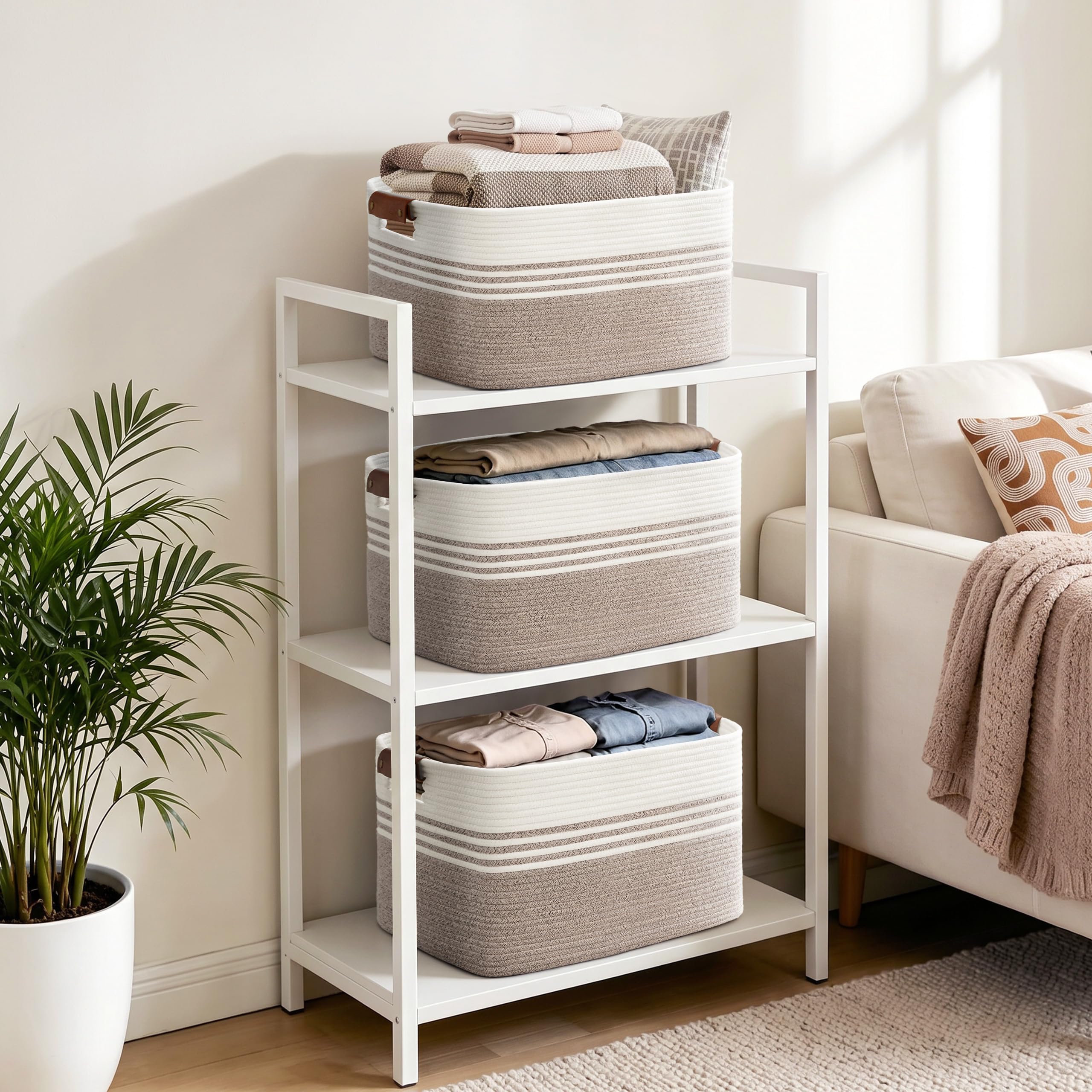 Grand panier à linge tressé en corde de coton, 100L avec anses en cuir, pour couvertures, vêtements et jouets, adapté à la chambre d'enfant et au salon, 55x43x30 cm, blanc et brun