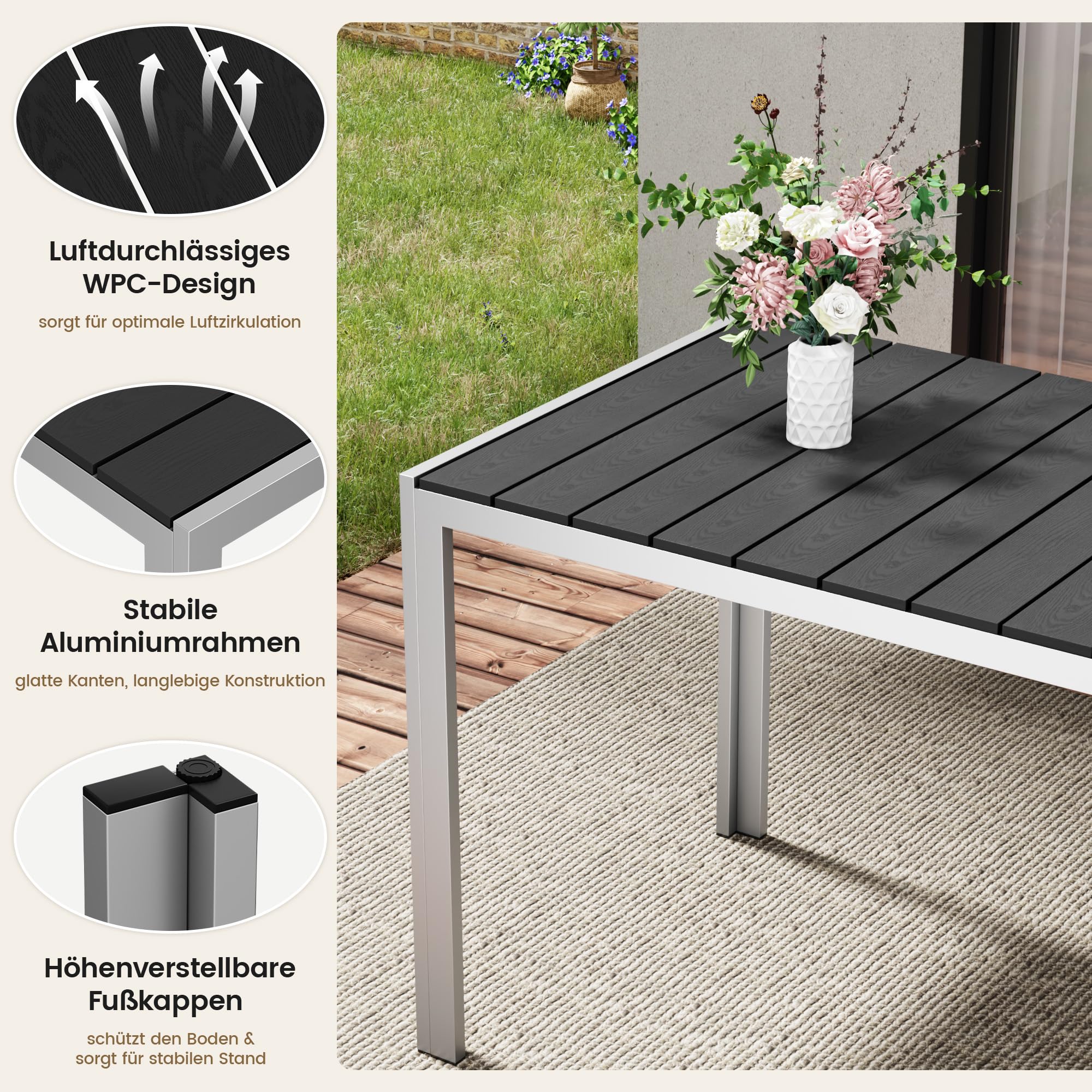 Amopatio Gartentisch Wetterfest 150×80 cm, WPC Balkontisch Aluminium, Rechteckiger Terrassentisch UV-beständig Gartenmöbel für Garten & Outdoor, Moderner Esstisch Grau-Grau