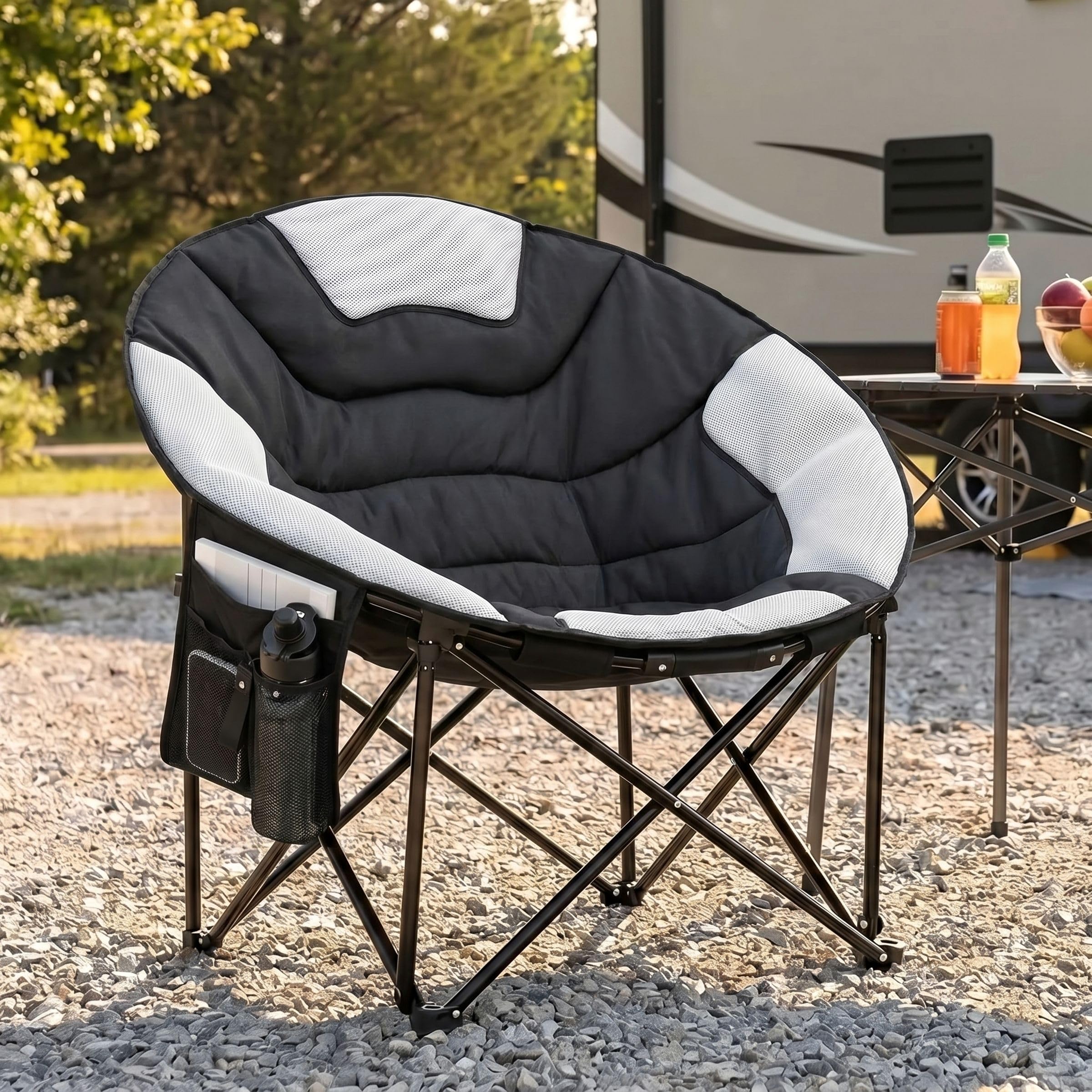 LIFERUN Sedia Pieghevole da Campeggio 150KG, Sedia da Campo Portatile, Moonchair XXL, con rete traspirante, Tasca Laterale, borsa per il trasporto, per Giardino, Spiaggia, Trekking, Pesca, Nero