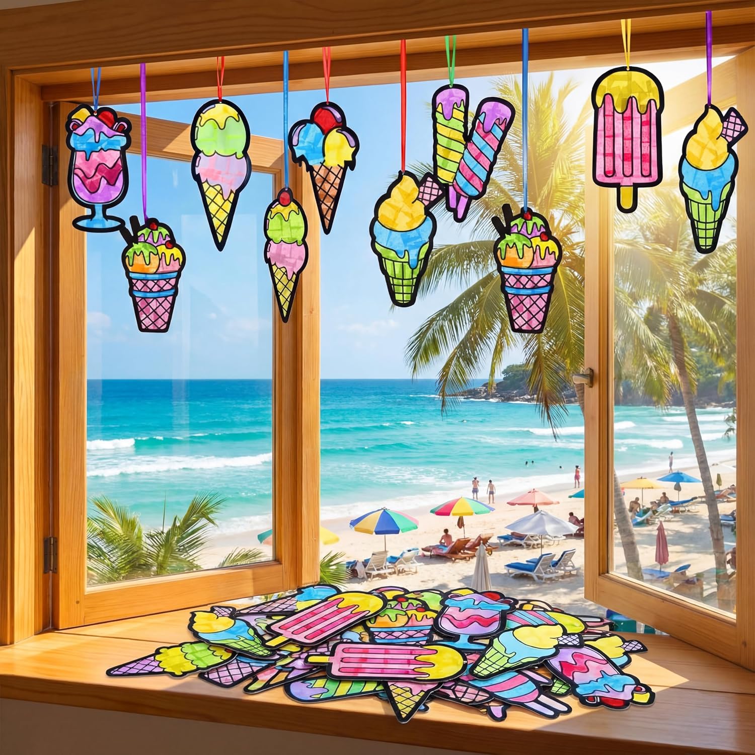 Eersida 32 Sets Summer Craft Set, Summer Ice Cream DIY Stained Glass Tissue Paper Kits SunCatcher Kits for Window Activities Art Home Boys Girls Birthday Party Decorations Favors Gift