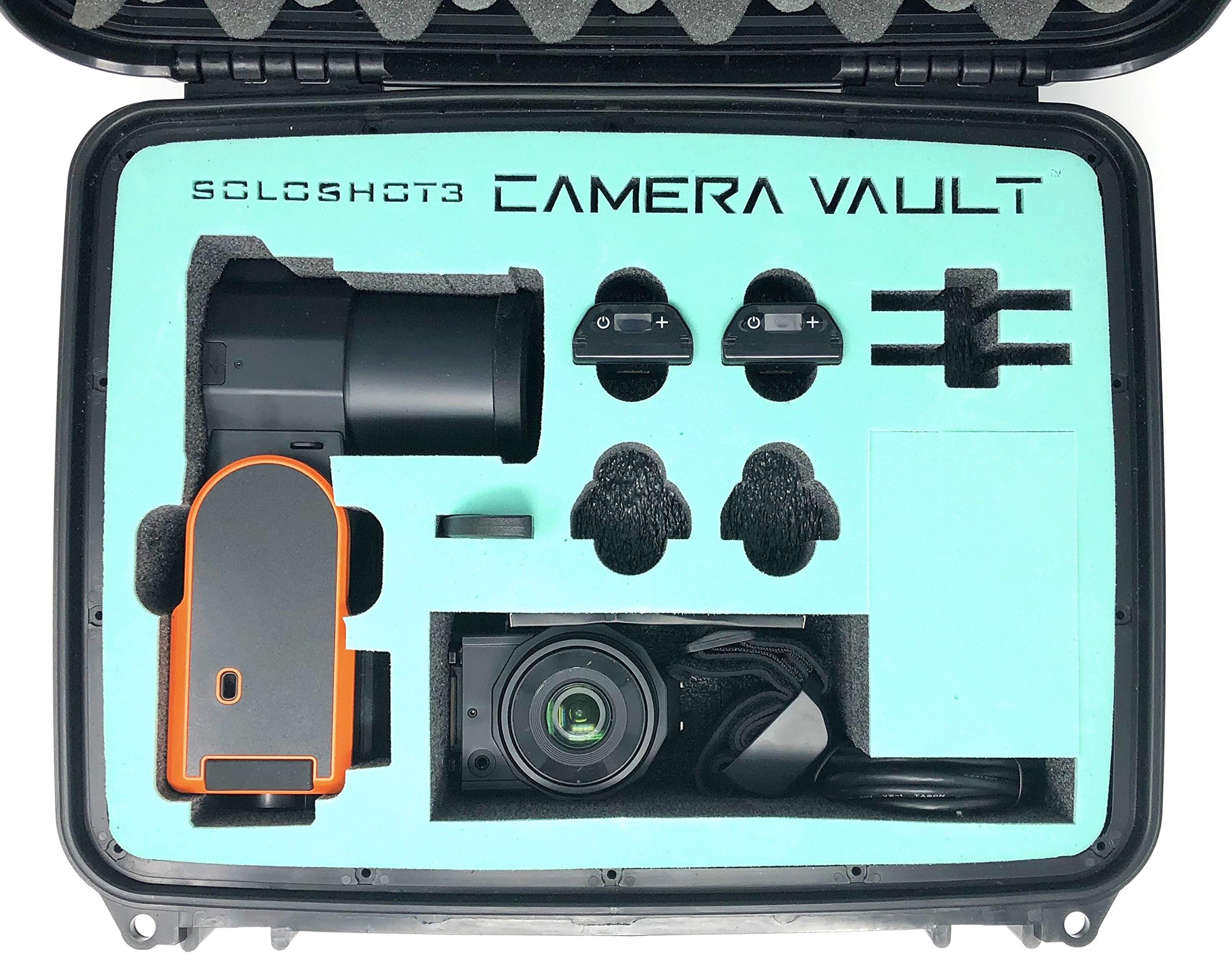 SoloShot3 Optic65 or Optic25 Travel Case (by CAMERA VAULT) Hard Waterproof with Custom Waterjet Cut Foam (Holds 4 Tags, Charger & Accessories) (Black/Seafoam)