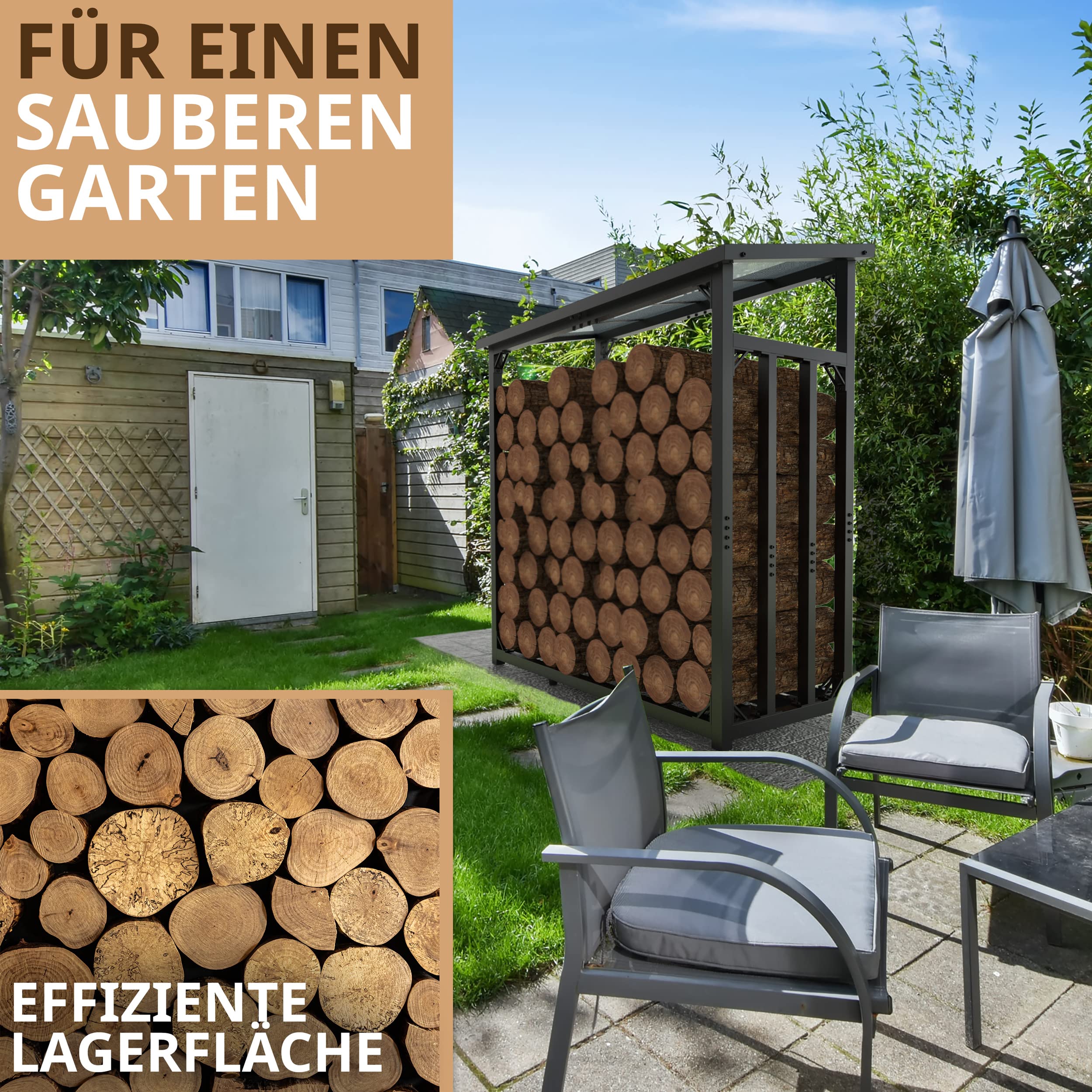 Kaminholzregal aussen Metall 188x70x188 Dach | 45kg VERZINKT 3t Garten Stapelhilfe Brennholz Feuerholzregal Abdeckung Kaminholzunterstand für 25cm und 35cm Holzscheite