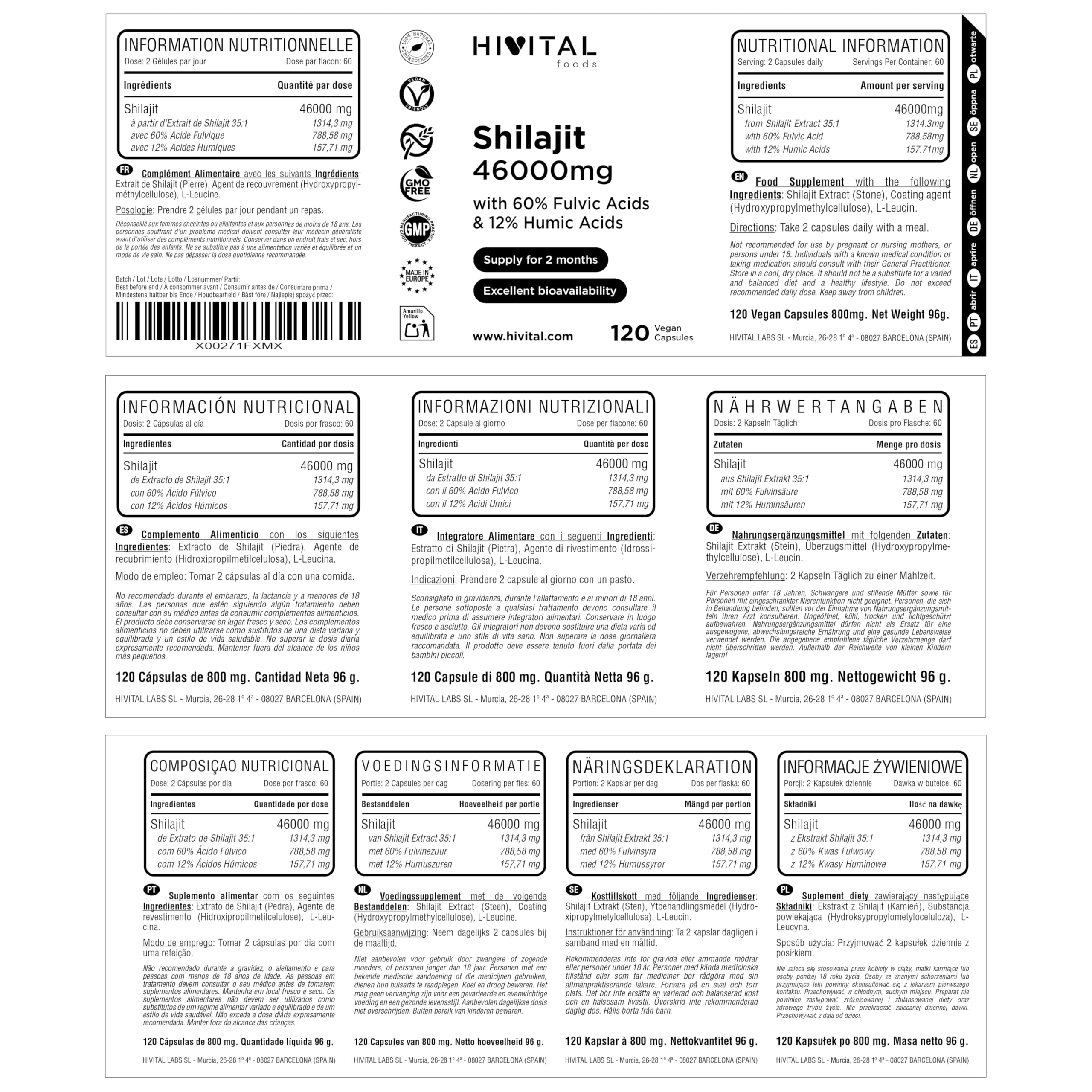 Shilajit Pure 46000 mg. 120 gélules végétaliennes pour 2 mois de traitement. 60% d'Acides Fulviques et 12% d'Acides Humiques. Riche en Minéraux et Oligo-éléments. Fabriqué en Europe par HIVITAL