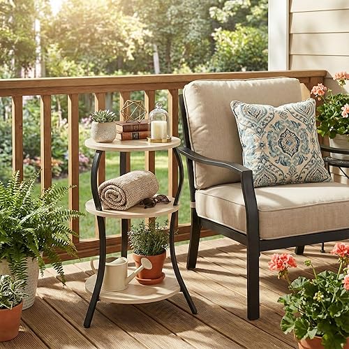 Miniatura 7 de Mesa auxiliar redonda pequeña vintage, mesa auxiliar circular de 3 niveles con estante de almacenamiento, mesa auxiliar compacta para sofá de té,