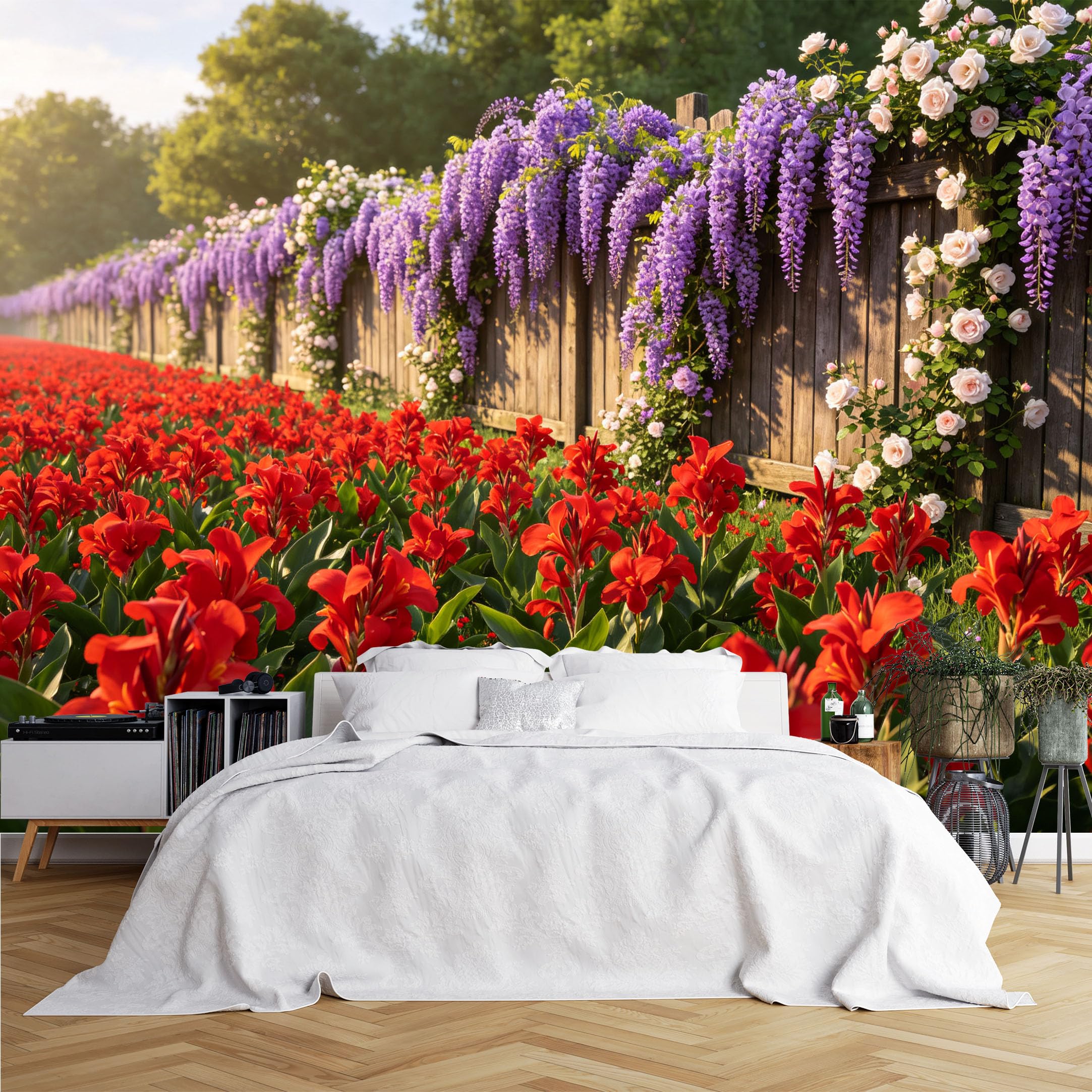 Lcythiazole Ch260615062 Custom Size Wall Murals Wisteria Fence Red Canna Floral Scene Wall Murals Wall Stickers Wallpaper Self-Adhesive Removable Wallpaper For Garden Style Entryway
