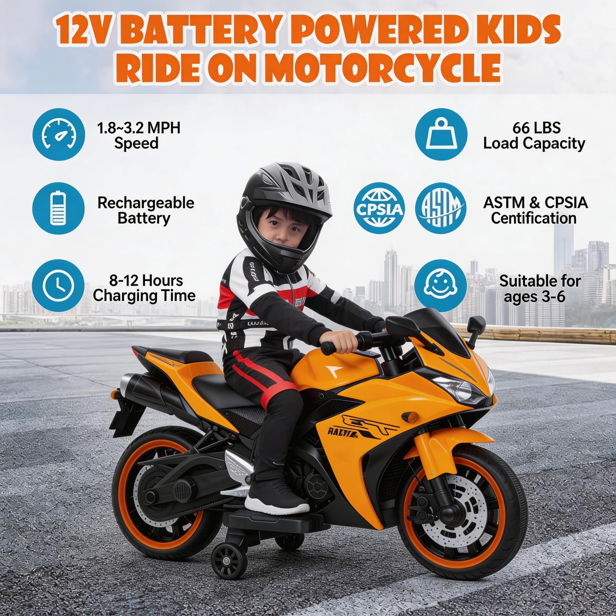 Moto elettrica per bambini, moto elettrica da 12 V, acceleratore manuale, mozzo ruota LED, funzione musicale, adatta per equitazione all'aperto, età 3-6 anni (arancione + plastica + 22,7-45 kg)