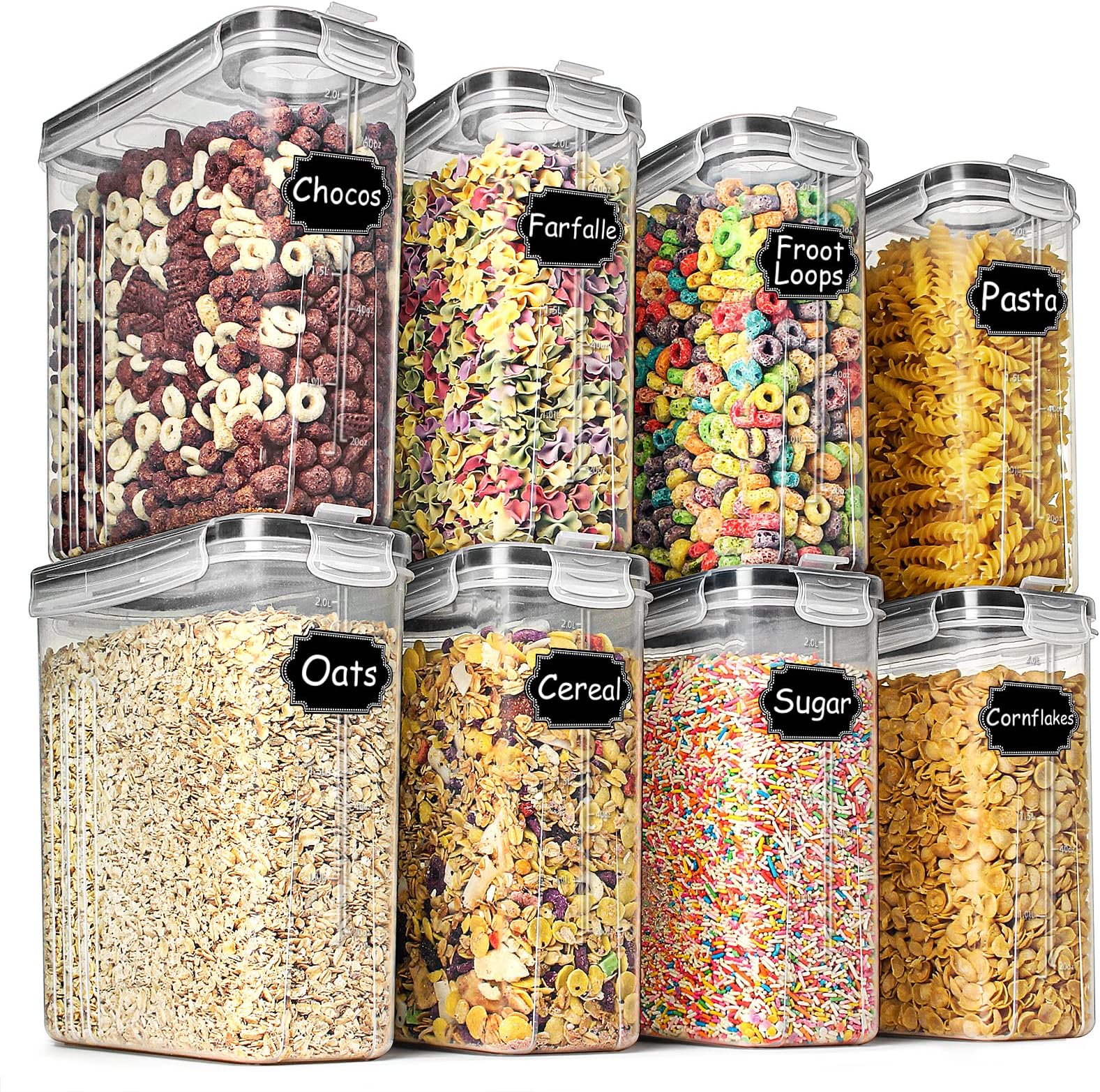 8 x 2.5L Capacity Cereal & Dry Food Airtight Containers for Sugar, Flour etc - Black Leak Proof Lids