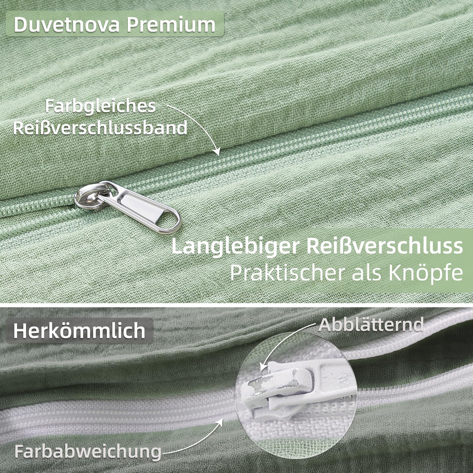 Musselin Bettwäsche 135x200 4teilig,ÖKO-TEX Baumwolle Bettwäsche 135x200 Grün,Extra Weich & Atmungsaktiv Bettwäsche-Sets 2 Bettbezüge 135x200 + 2 Kissenbezüge 80x80-alle mit Reißverschluss