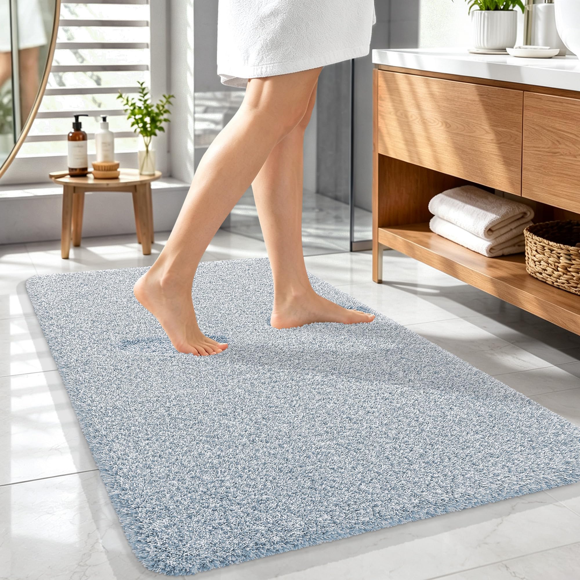 OLANLY Microfiber Bathroom Rugs 44x32, Quick Dry Mat, Airy Blue and White