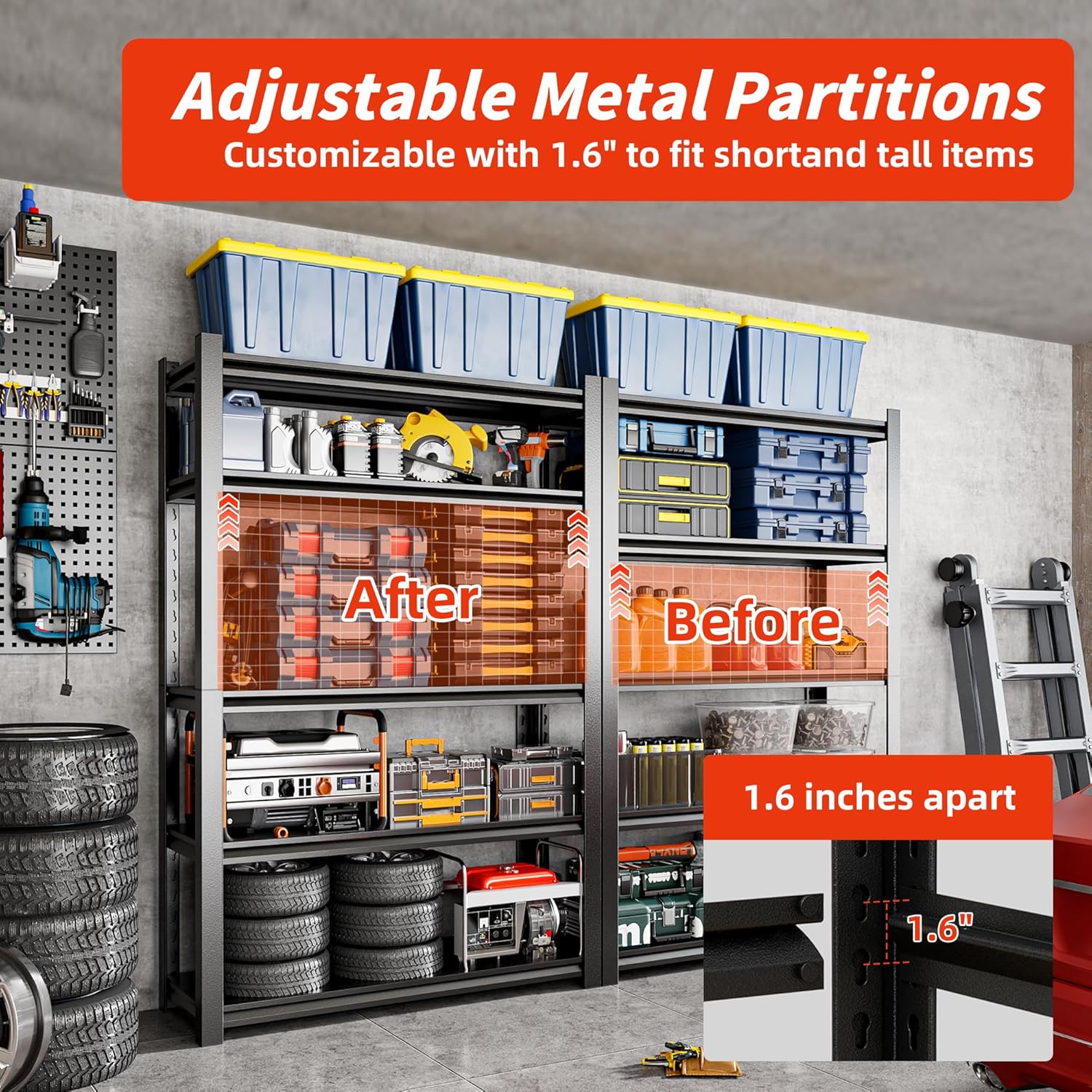 36" W Garage Shelving,5-Tier Heavy Duty Shelving Unit,3000LBS Adjustable Metal Storage Shelves,Storage Rack Units for Industrie,Shed,Warehouse,Basement,Black,36" W x 16" D x 72" H - Image 4