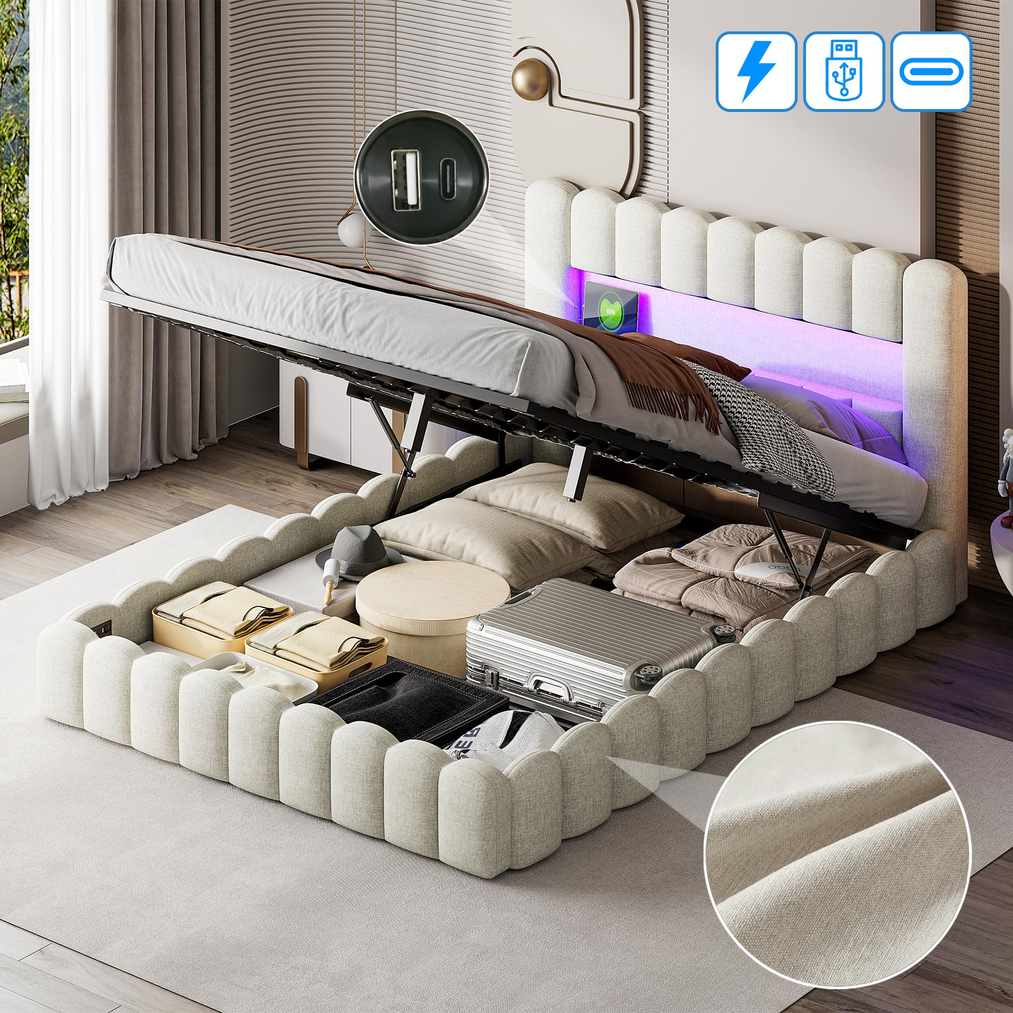 Fofetbfo Lit Coffre 140X200 cm, Bubble lit Double rembourré avec éclairage LED et Type-C et USB, LIt Capitonné avec Rangement, Cadre de lit hydraulique avec sommier à Latte, Lin (Beige, 140 x 200 cm)