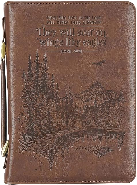 Christian Art Gifts Men's Classic Bible Cover On Wings Like Eagles Mountain Isaiah 40:31, Brown Faux Leather, Large