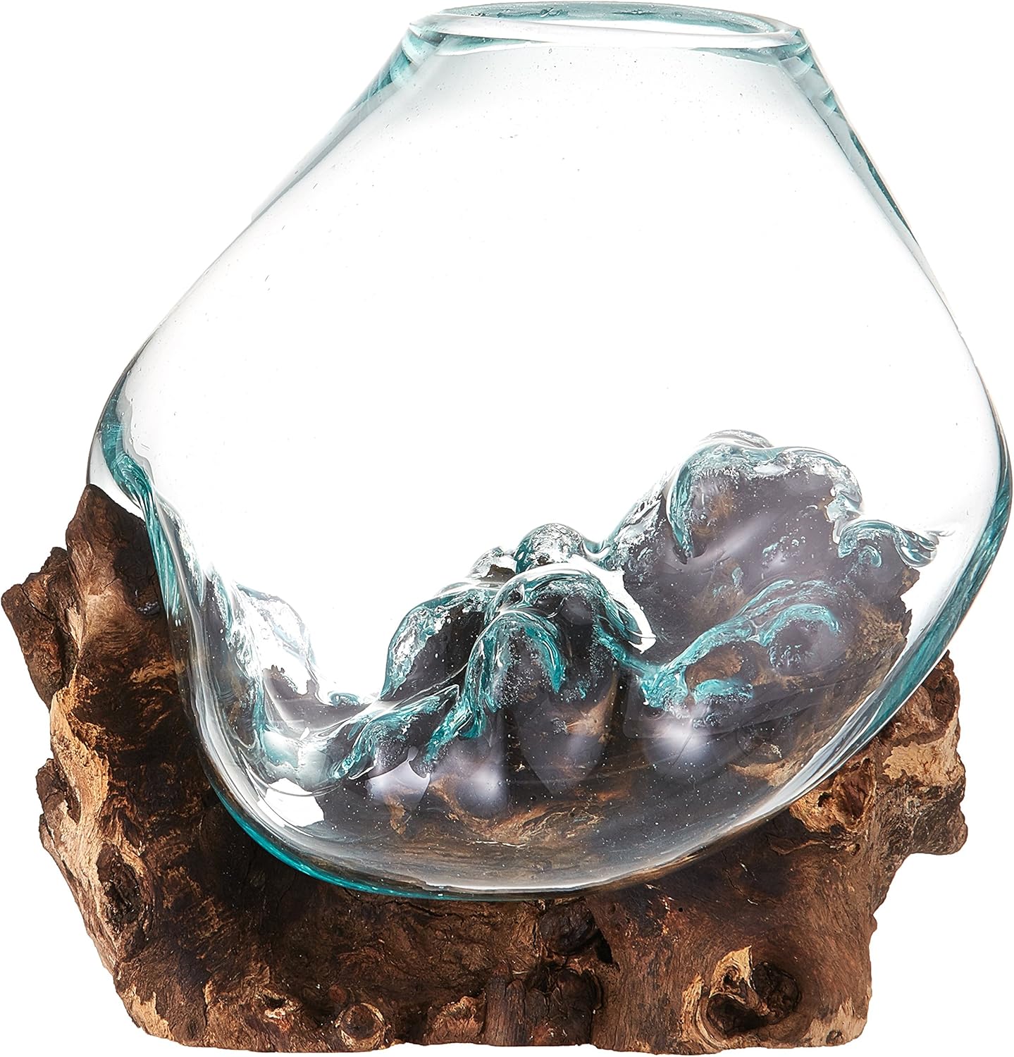 Cohasset Gift & Garden Natural Wood & Recycled Glass Molten Sculpture - Approximately 8 Wide, Perfect as a Terrarium Container, Ecosphere or Terrarium Jar for Live Terrarium Plants
