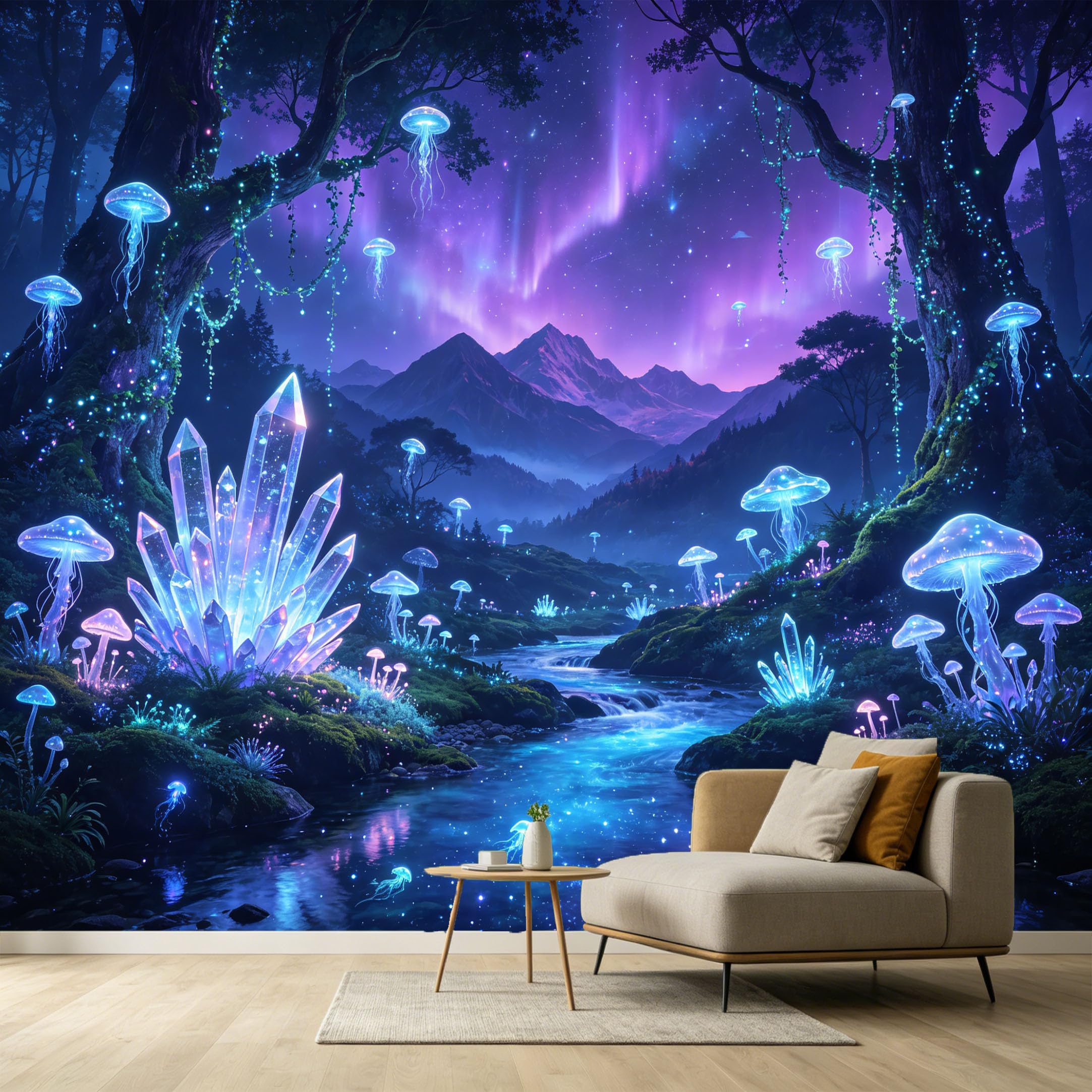 Custom Size Wall Murals Neon Jellyfish Bioluminescent Crystals Aurora Mountain Forest Landscape 3D SelfAdhesive Wall Fabric Removable Large Wallpaper for Photo Living Room