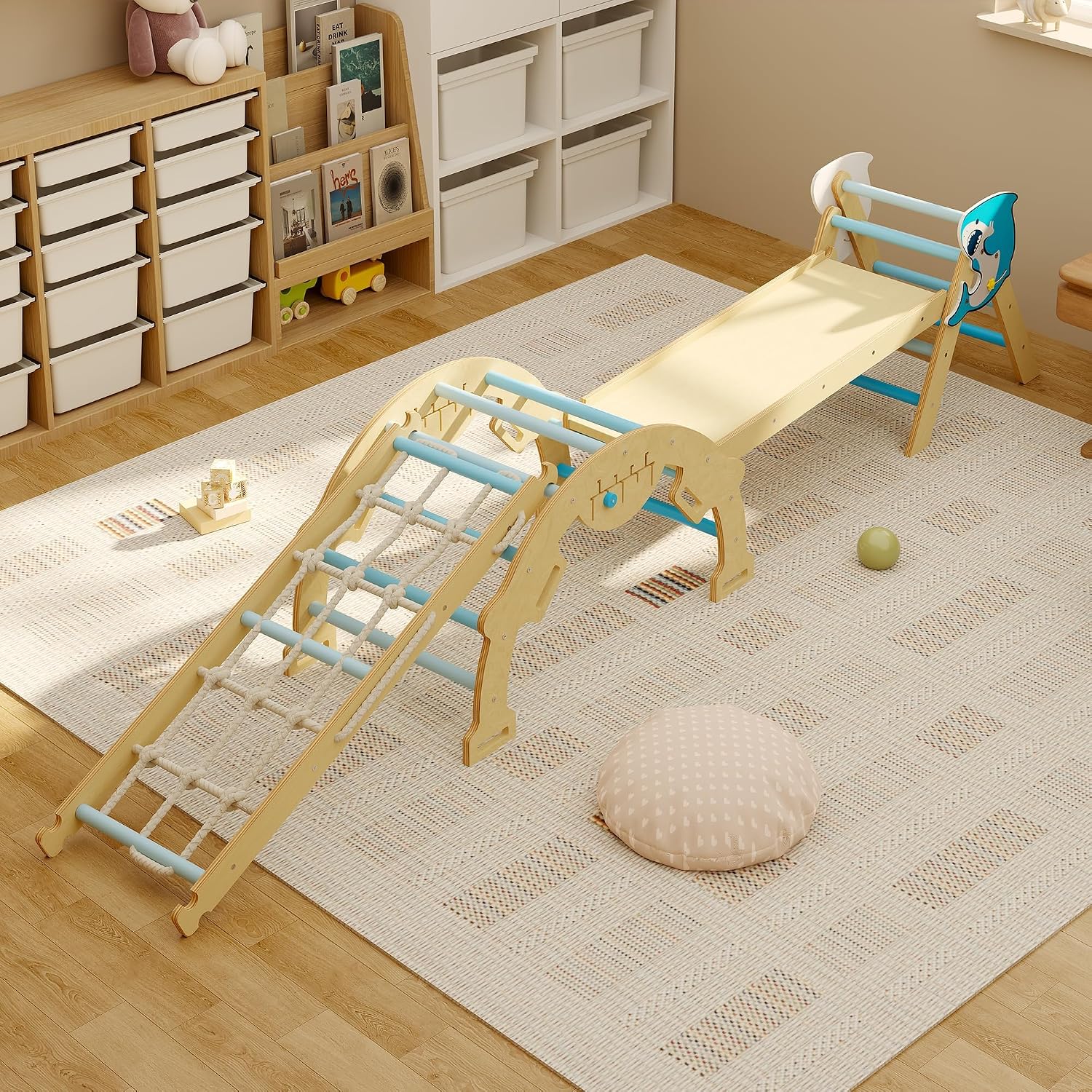 4 in 1 Toddler Climbing Toys Indoor with Ramp, Arch and Ladder, Pikler Triangle Set with Wood Construction，Montessori Climbing Set for Toddlers 1-3，Baby, Kids