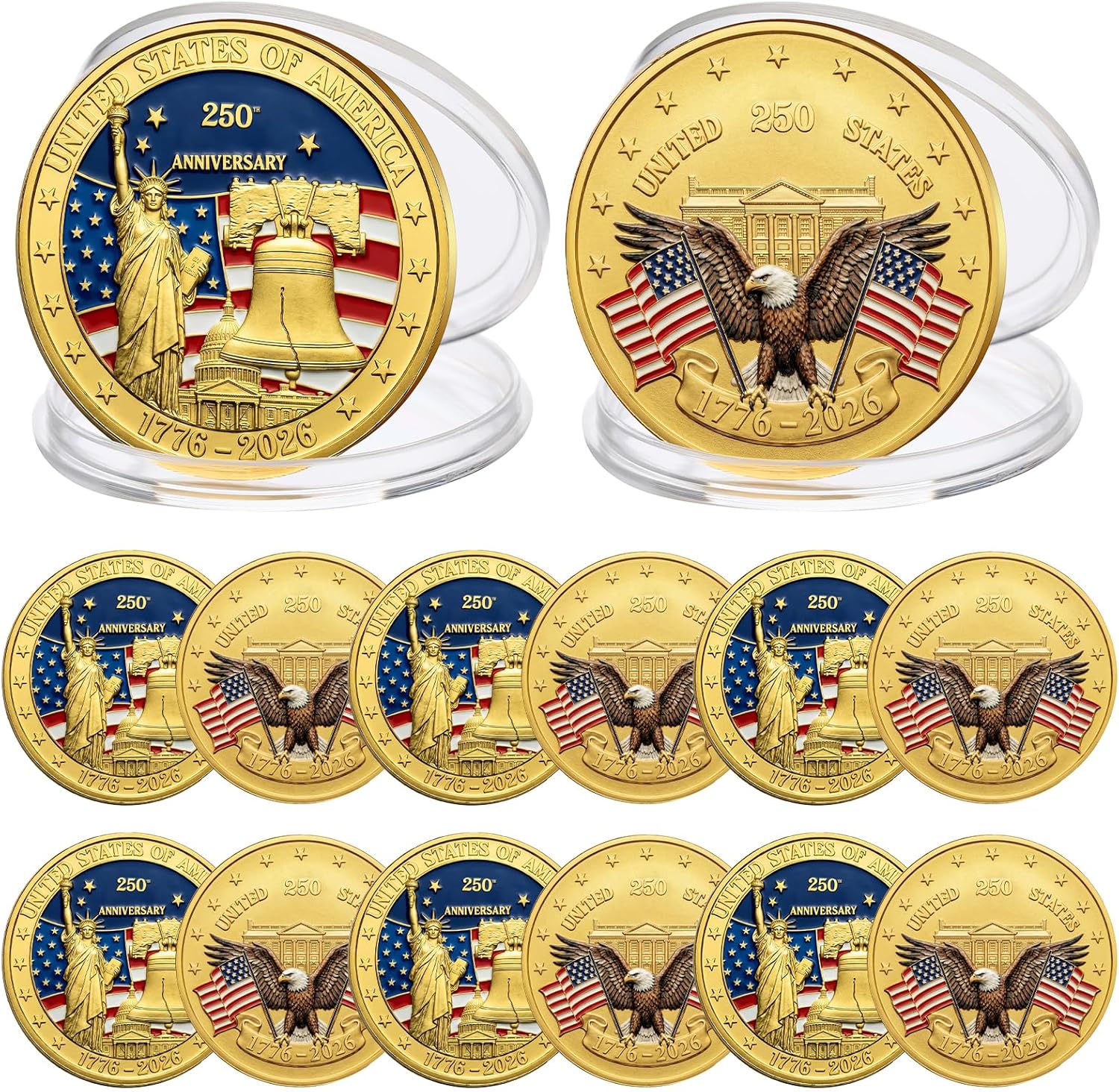 Kenning 20 Pcs 250th Anniversary Commemorative Coins in Capsule USA Challenge Coin Golden American Flag & Liberty Bell Collectible Coin Durable Merchandise for Display Celebration Gift Idea