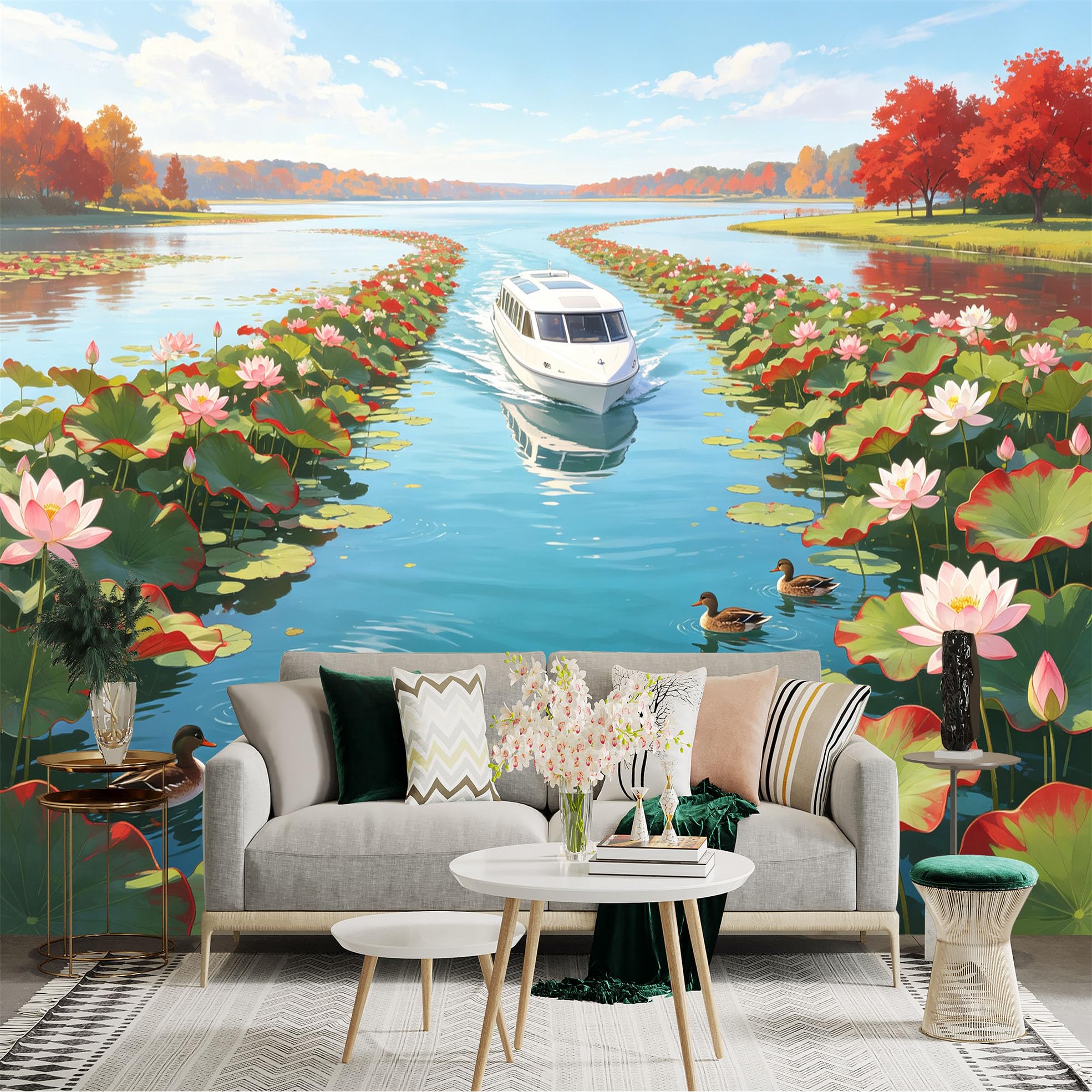 Custom Size Wall Sticker Mural， Scenic Lake with Boat， Blooming Lotus Flowers， Swimming Ducks， Autumn Trees， for wall Decoration， peelandstick wall Decals.