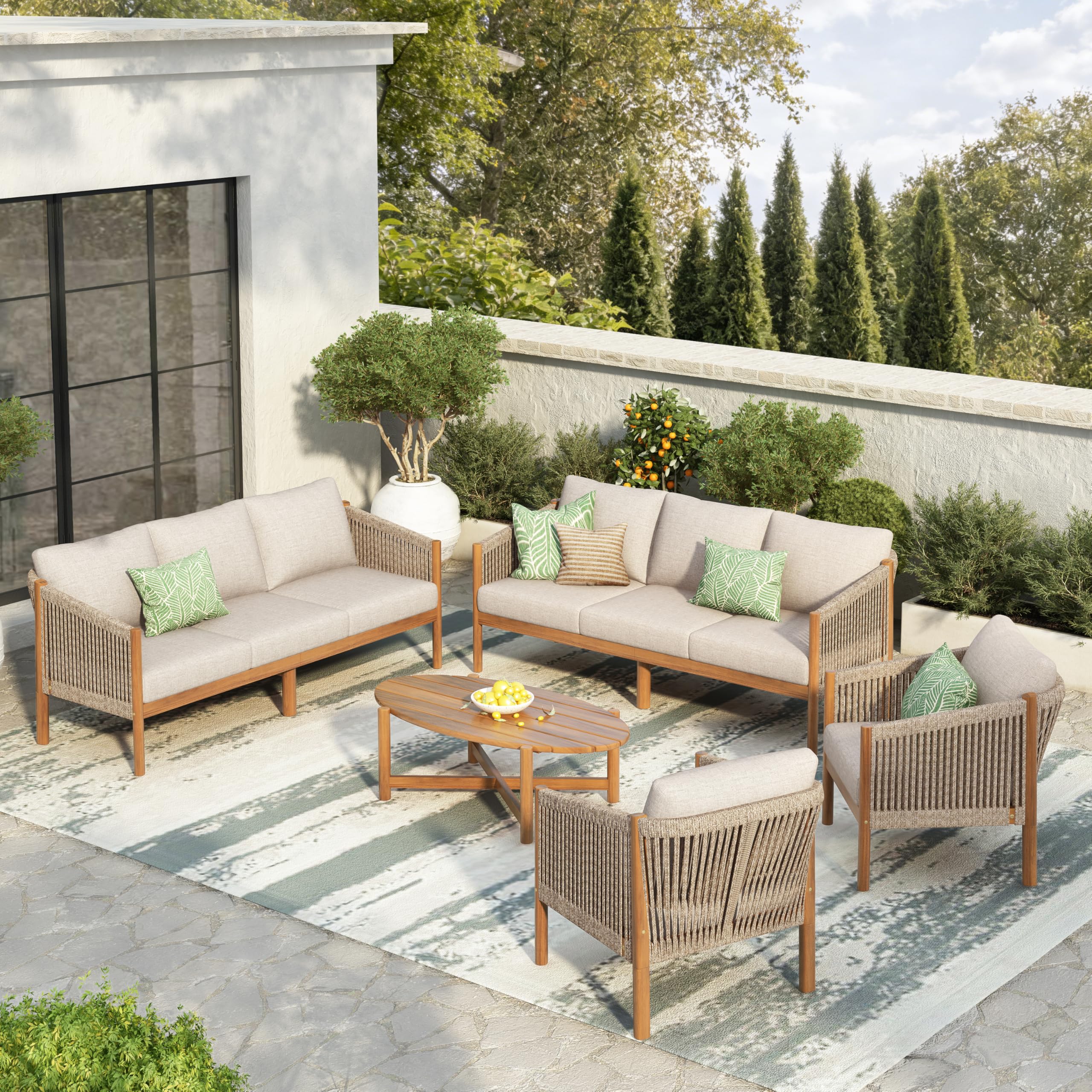 Photo 1 of ***FACTORY SEALED - OPENED FOR INPSECTION***Christopher Knight Home Bubi 8-Seater Patio Furniture Set with Cushion, 5 Piece Outdoor Acacia Wood Conversation Set, Sold Wood Outdoor Sectional Sofa Set with Coffee Table, Teak+Beige ONLY COFFEE TABLE