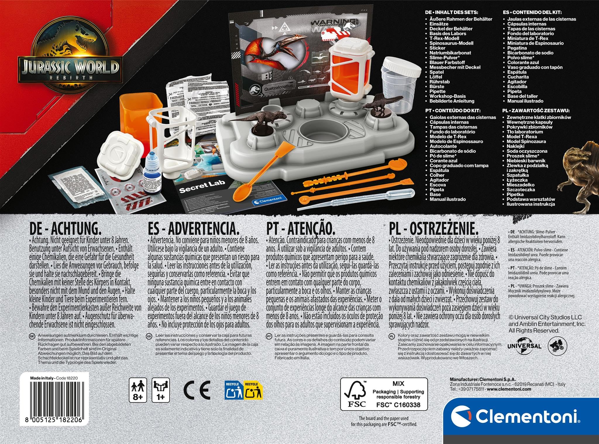 Clementoni - Jurassic World - Laboratorio de Genética Secreta - Kit de Laboratorio de Dinosaurios con Dinosaurios Luminosos, Educativo, 7+ Años, 35x26x7 cm, 18220