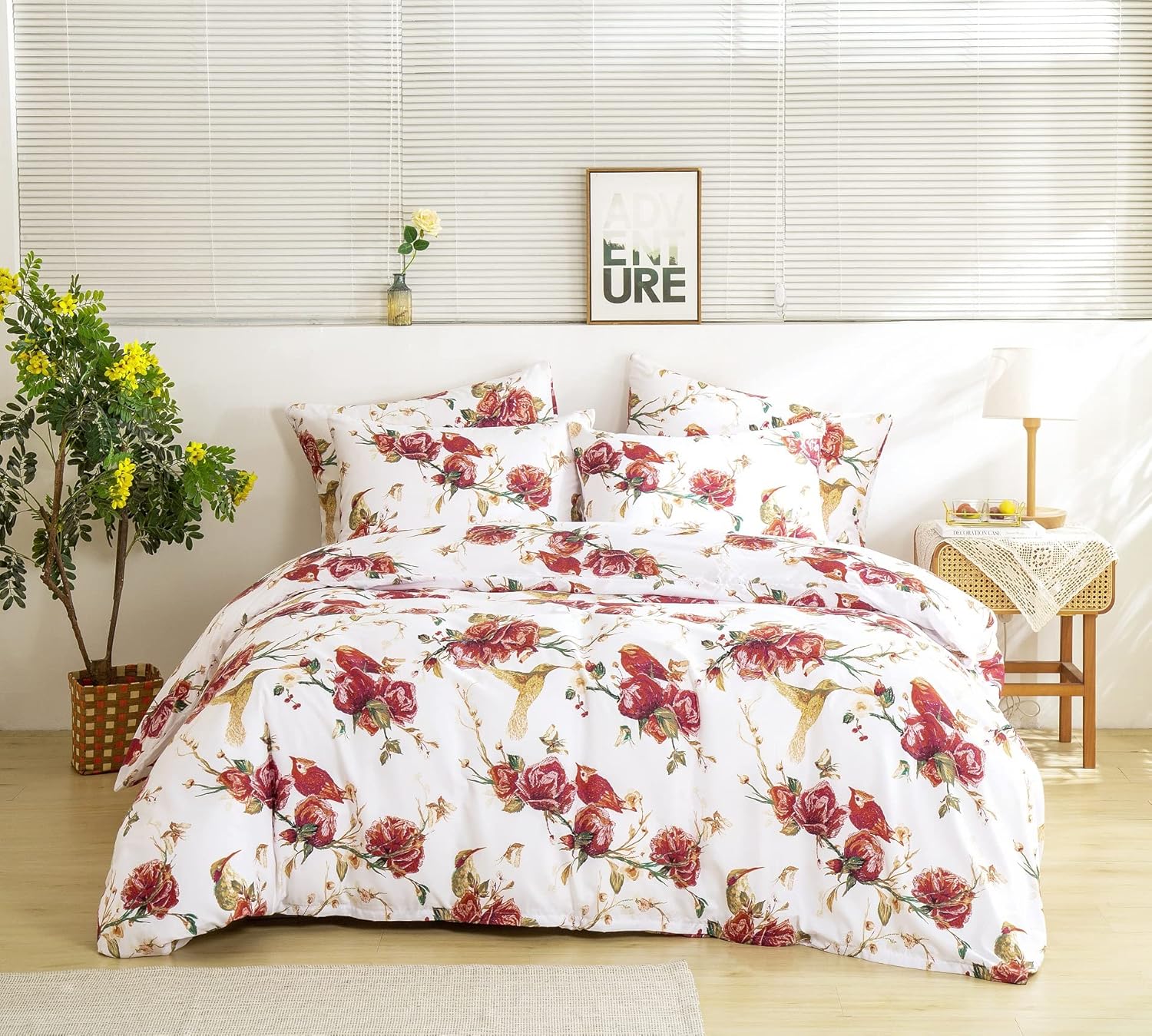 Tache Floral Hummingbirds Burgundy Ivory Antique Vintage Farmhouse Spring Country Rustic Microfiber Reversible Rose Garden Duvet Cover Twin