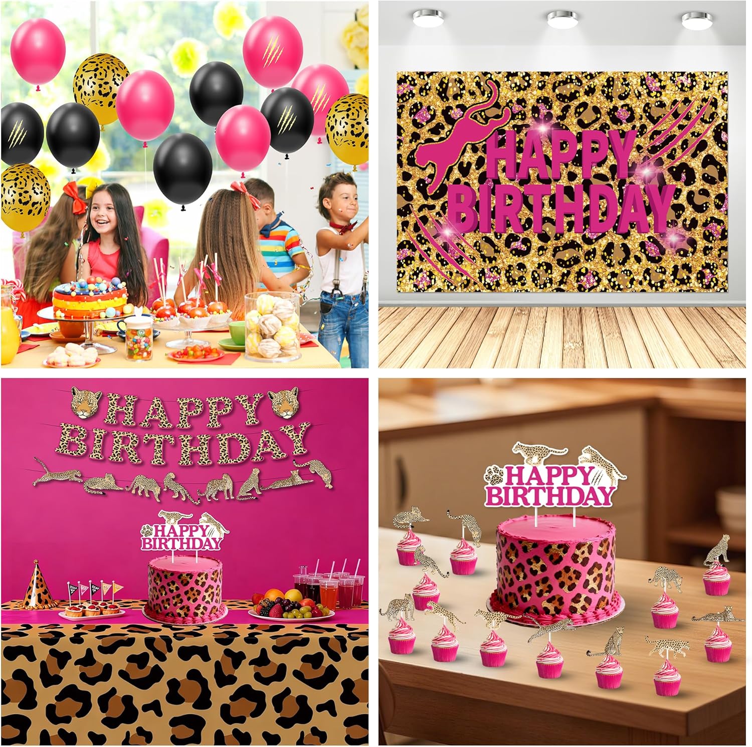 Leopard Print Birthday Party Decorations, Pink and Gold Cheetah Theme Party Supplies, Paper Plate, Cup, Napkin, Tablecloth, Background, Banner, Balloon, Cake Topper, Cutlery, Serve 24
