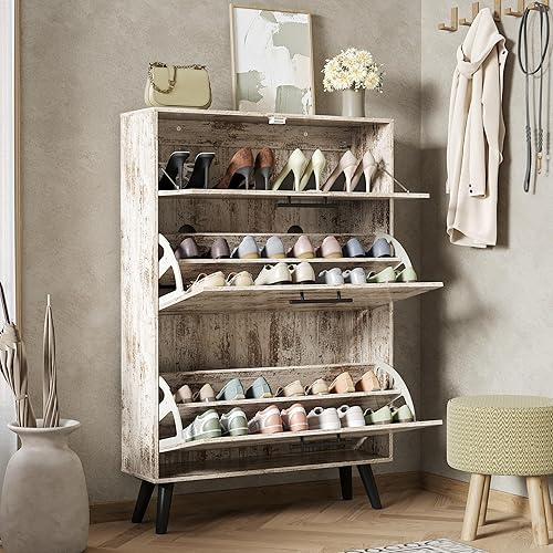 Miniatura 4 de MU Armario de zapatos para entrada, organizador de zapatos con 2 cajones abatibles, armario oculto para zapatos, zapatero delgado cerrado, color