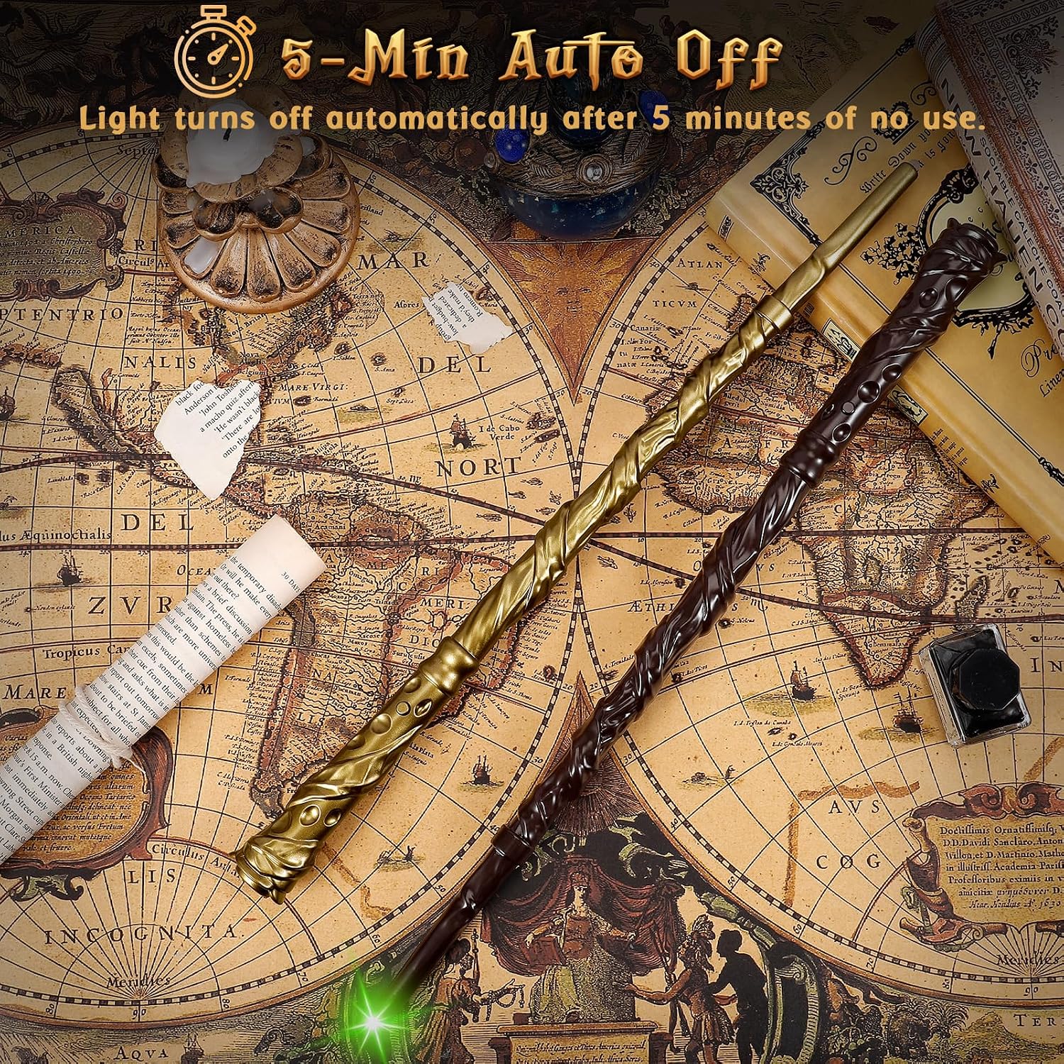 ShinySong Light Up Wizard Magic Wand with Sounds & 4 Lightings - 2 PCS Illuminating Witch Toy Wands for Kids Cosplay Party Favors, Vine - Brown Golden
