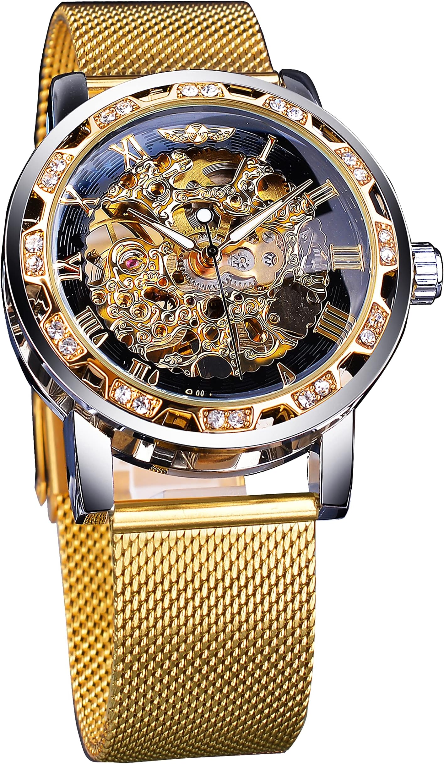 - Winner Retro Manual Mechanical Skeleton Watch with Diamond and Carving Flower Craft Men Skeleton Wrist Watch Mechanical Classic Roman Number