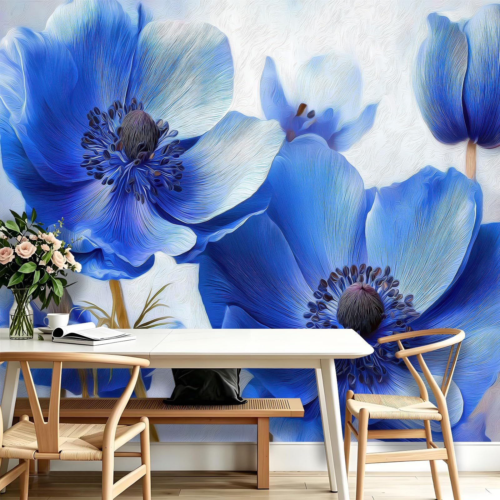 Générique 3D tapeta botaniczna wzór anemon płatki, panoramiczna tapeta 300 x 210 cm - do salonu, sypialni, łazienki i kuchni, dekoracja ścienna, kwiaty akwarela