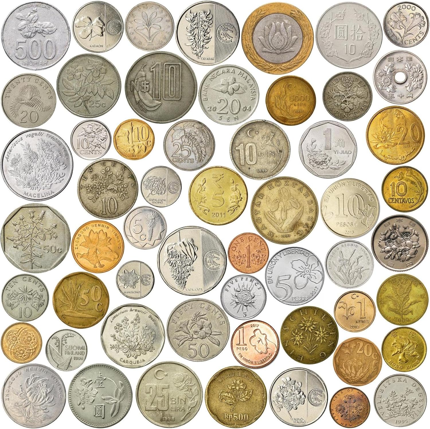 30 Different Novelty Coins with Flowers - Featuring Jasmine, Rose, Orchids, Tulips, Peonies, Lotus, Cherry Blossoms and More - Worldwide Souvenir Coin Collection