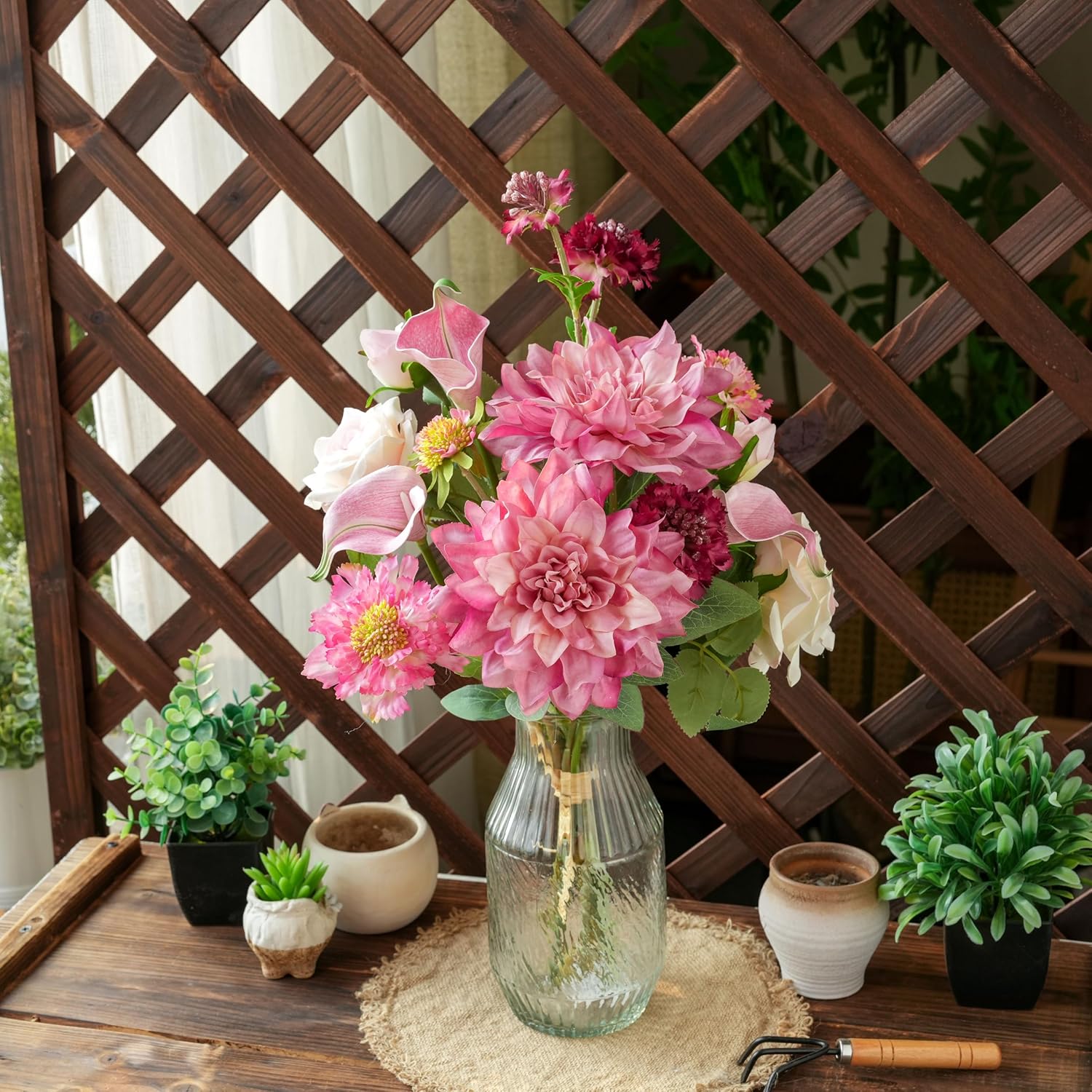 LUEUR Artificial Flowers in Vase Centerpiece – Pink Dahlia, Tulip & Rose Arrangement, Faux Floral Table Decorations for Coffee Table, Dining Room, Living Room & Farmhouse Home Decor
