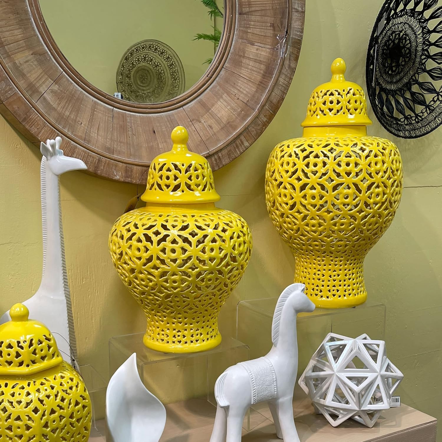 Galt International 19.5” Lattice Ginger Jar with Lid - Stunning Home Decor with Intricate Mediterranean Inspired Lattice Work - Living Room and Kitchen Decoration - 19.5” (Yellow)