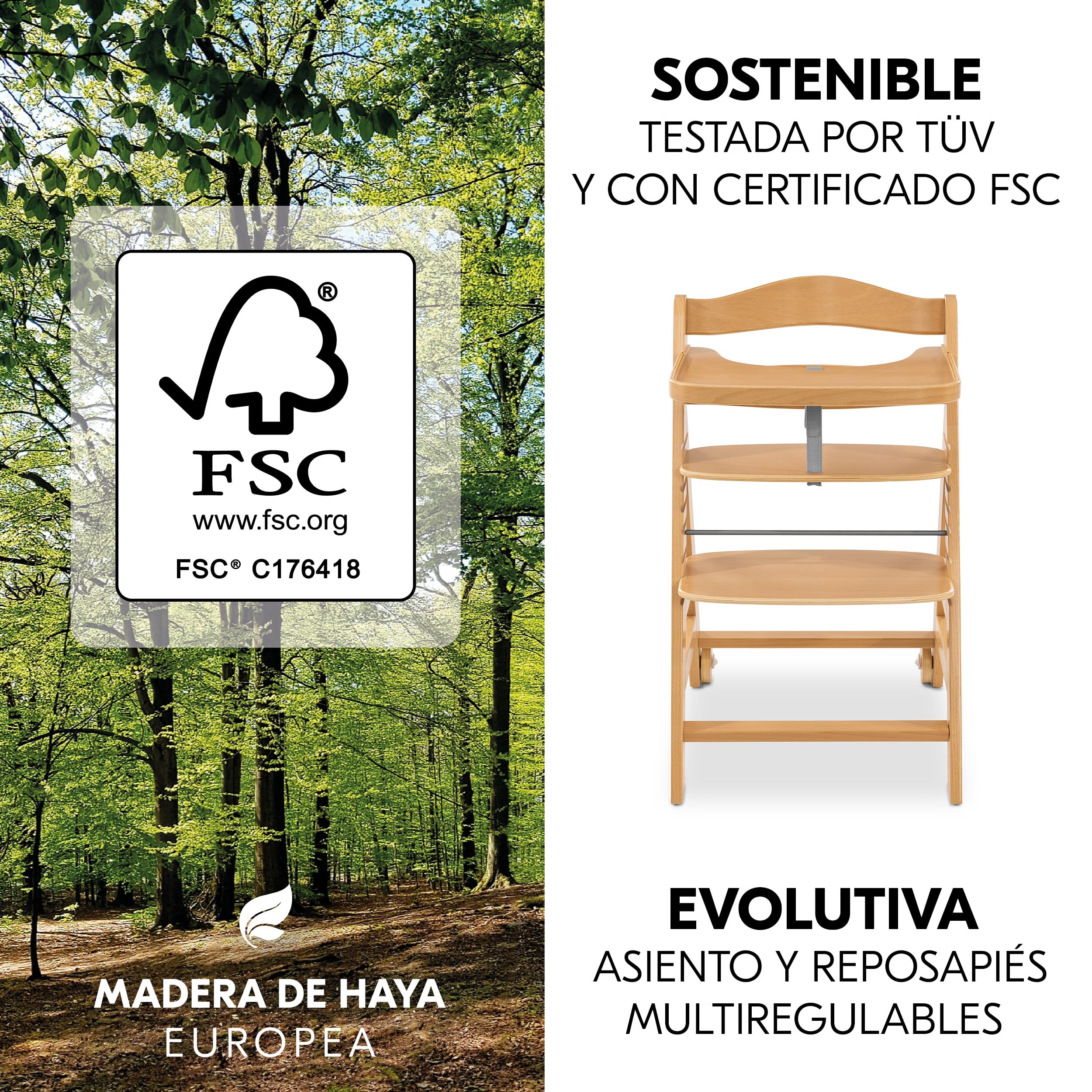 hauck Beta Plus Newborn Set Eco Bouncer Trona de Madera para Bebé desde el Nacimiento - Sillas Tronas para Niños con Hamaca Recién Nacidos Cojín y Bandeja - Natural