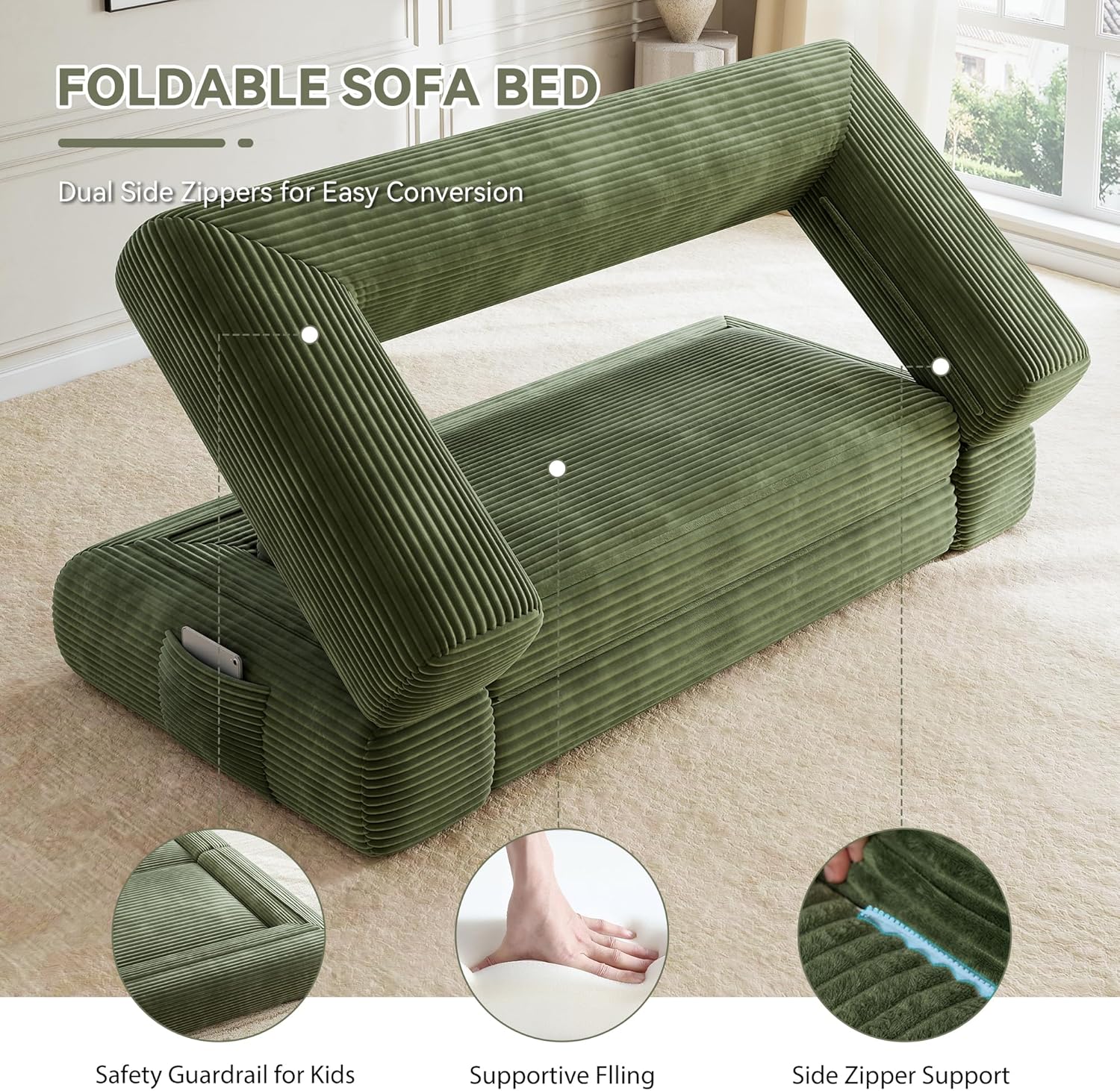 Jocoevol 4-in-1 Convertible Folding Sofa Bed, 68"L x 78"W Queen Size Foldable Sleeper Sofa Bed, Wide Corduroy Upholstery, Boneless Mattress Couch with Armrests & Neck Pillow for Living/Bedroom, Green