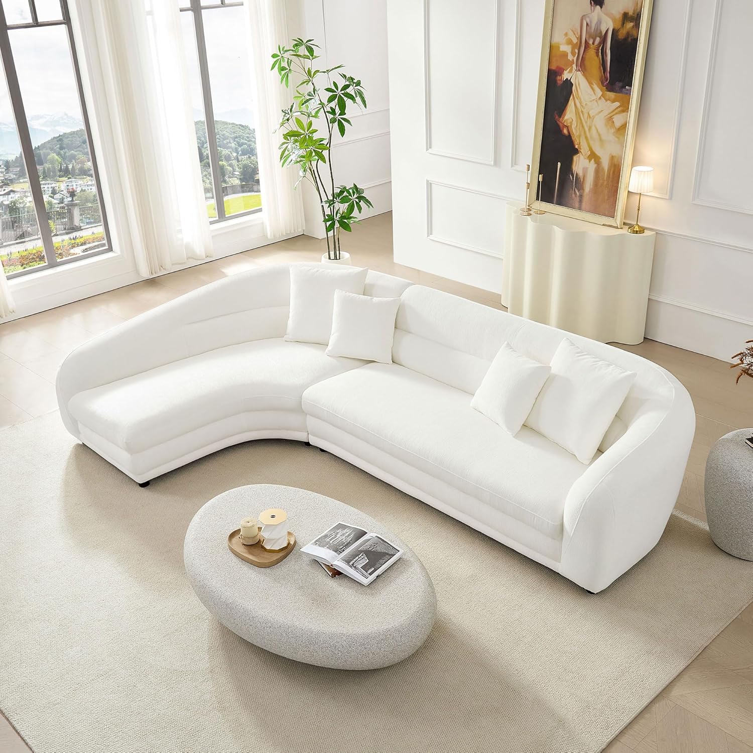WILLIAMSPACE 55.12" Oval Faux Stone Coffee Table with Grainy Rocks, Modern Irregular Travertine Center Table, Accent Fiberglass Drum Side Coffee Table for Living Room, No Need Assembly - Rock Grey