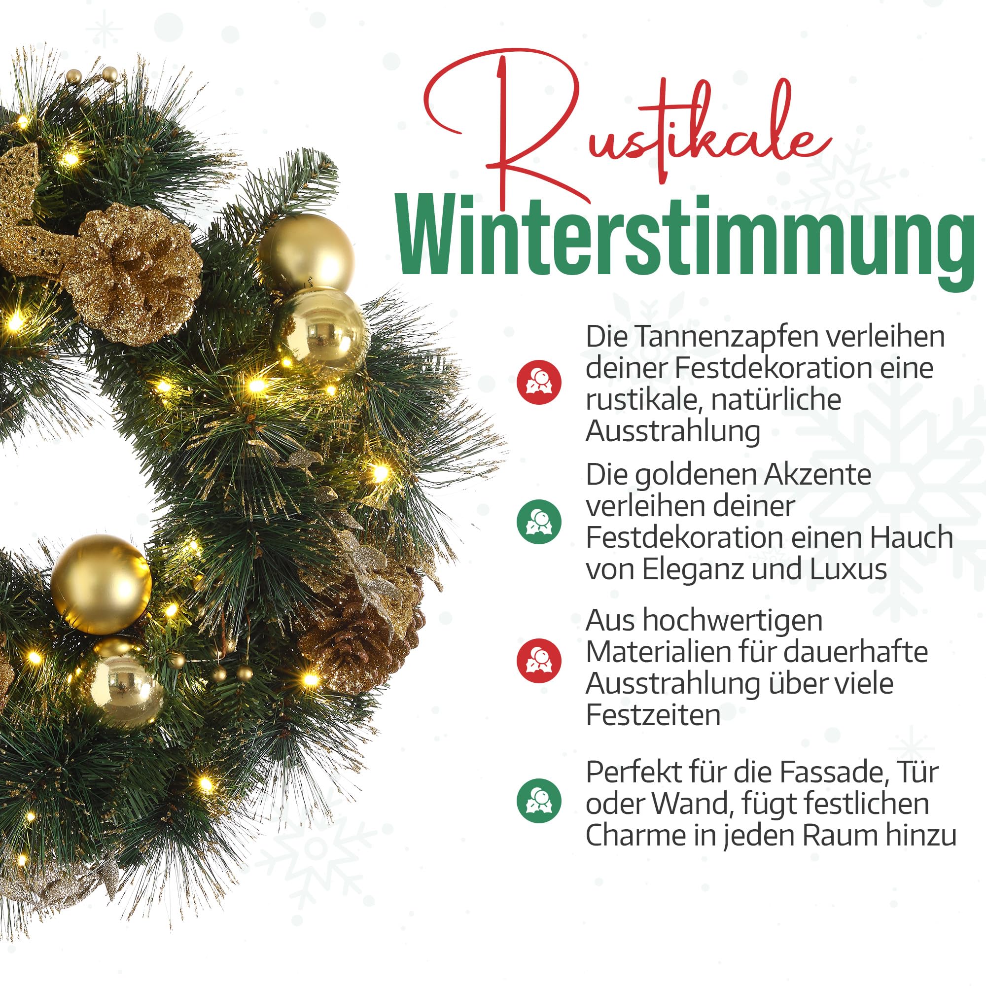 MeisterHome ® Künstlicher Weihnachtskranz Adventskranz für Tür Ø 50 cm - Weihnachtlicher Türkranz für Innen und Außen mit 35 LEDs, Timer und Gold Dekoration + Goldfarbener Aufhänger
