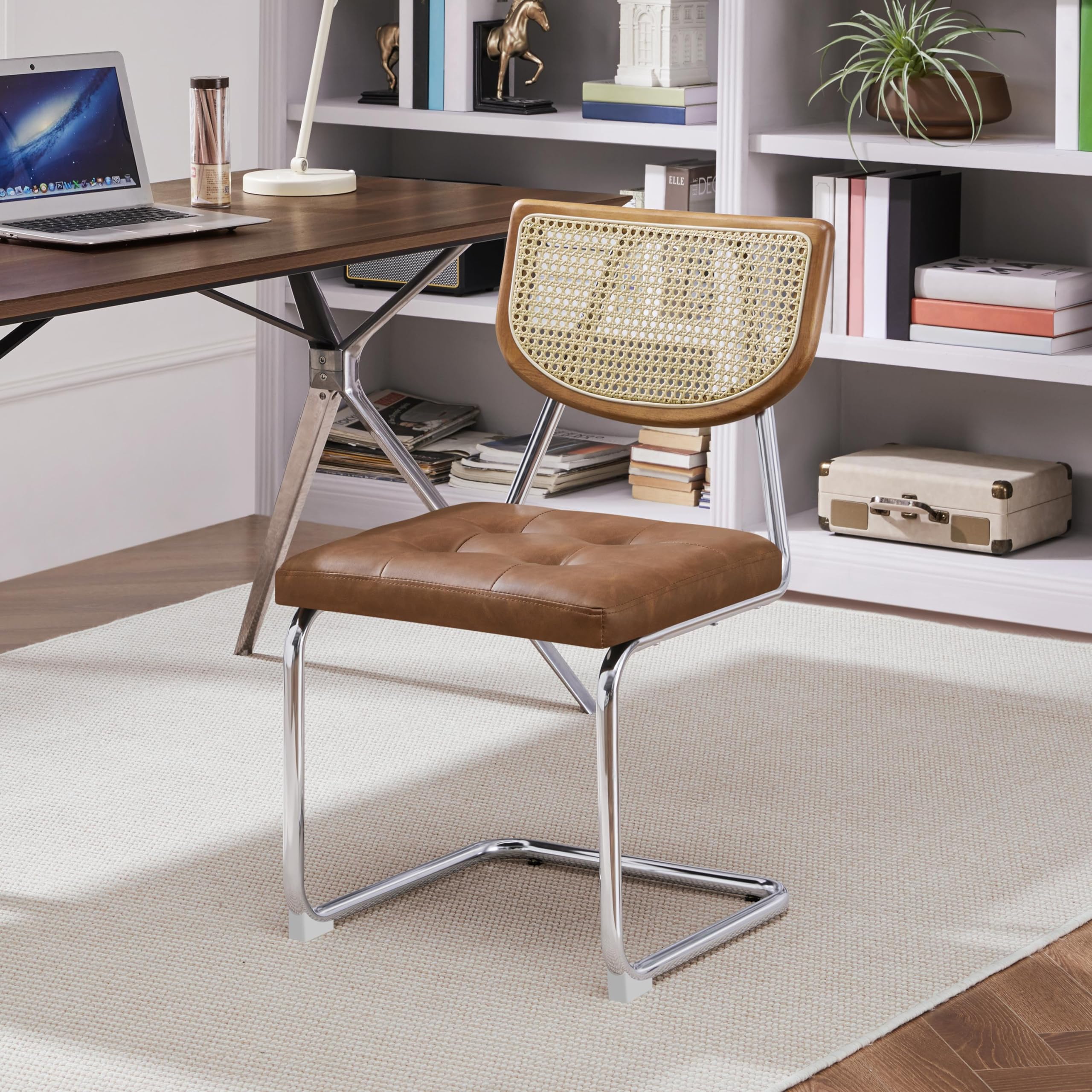 Yaheetech Lot 2 Chaises Cantilever Rotin Tissé Salle à Manger Brun Rustique | Chaise en rotin avec assise confortable, structure métal robuste, idéale pour cuisine ou salon, facile à monter et entretenir