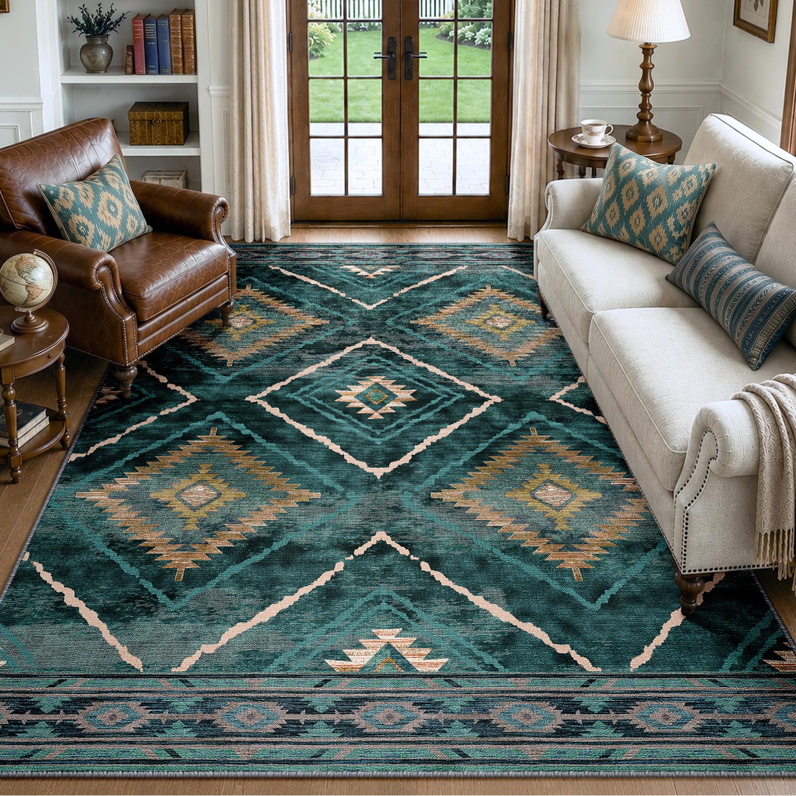DEFYNEE Teppich Wohnzimmer, Waschbarer Teppich Läufer, Kurzflor, rutschfest, Pflegeleicht, Vintage & Boho Rug für Hund, Flur, Küche, Korridor