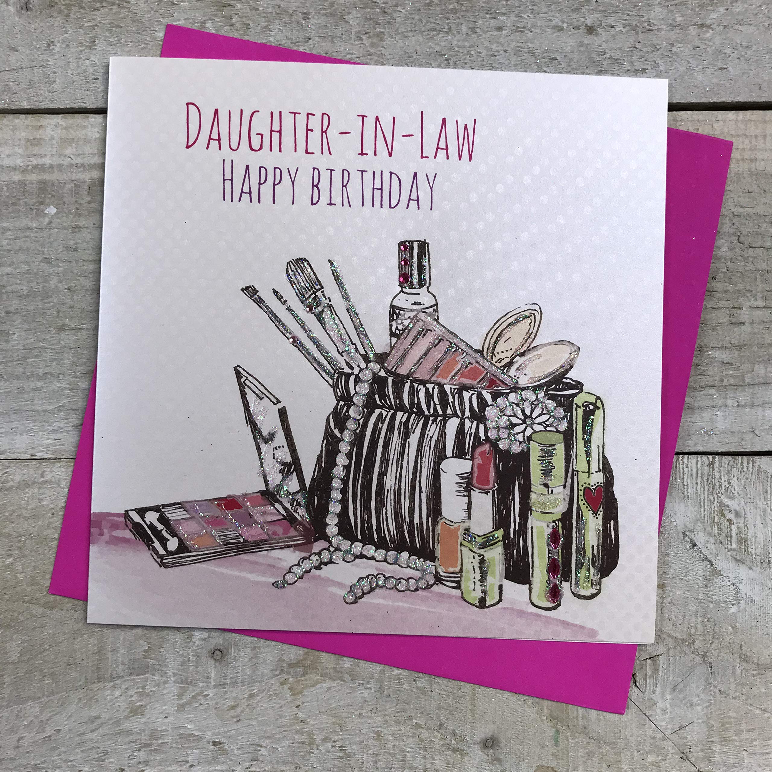 WHITE COTTON CARDS "Daughter-in-Law Happy Birthday Handmade Birthday Card with Make-Up Bag Design, White, E64-dil