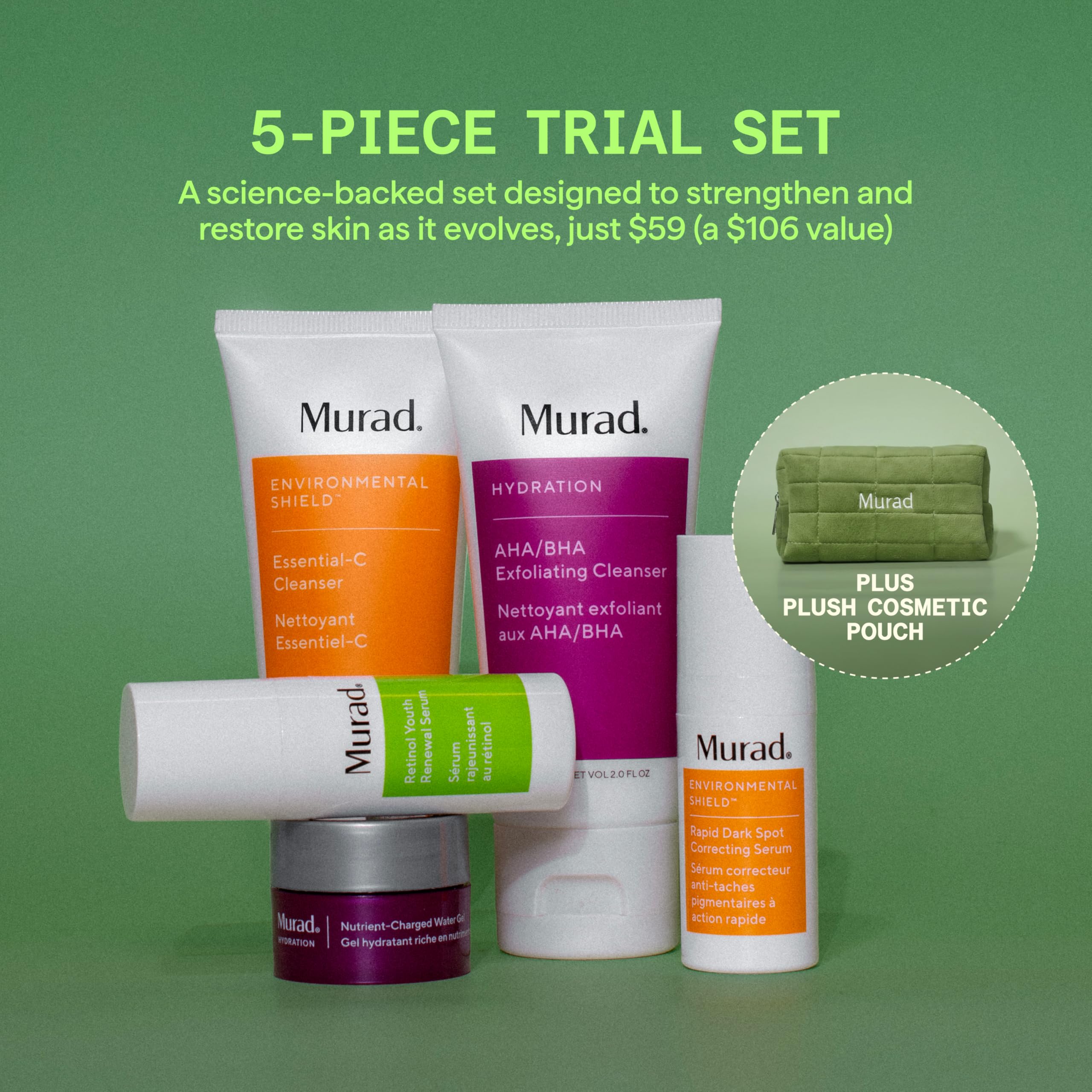 Murad Core Essentials Trial Kit, 5-Piece AM/PM Skincare Set with Travel Pouch