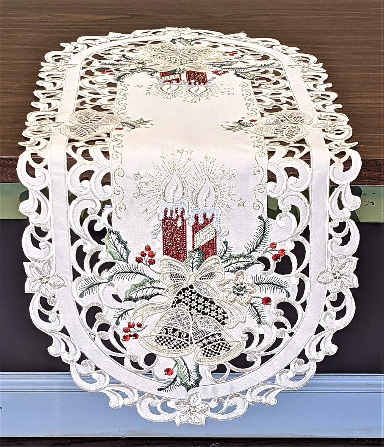 Table Runner with Red Christmas Candles and Lace Bells on Material Size 34 x 15 inches
