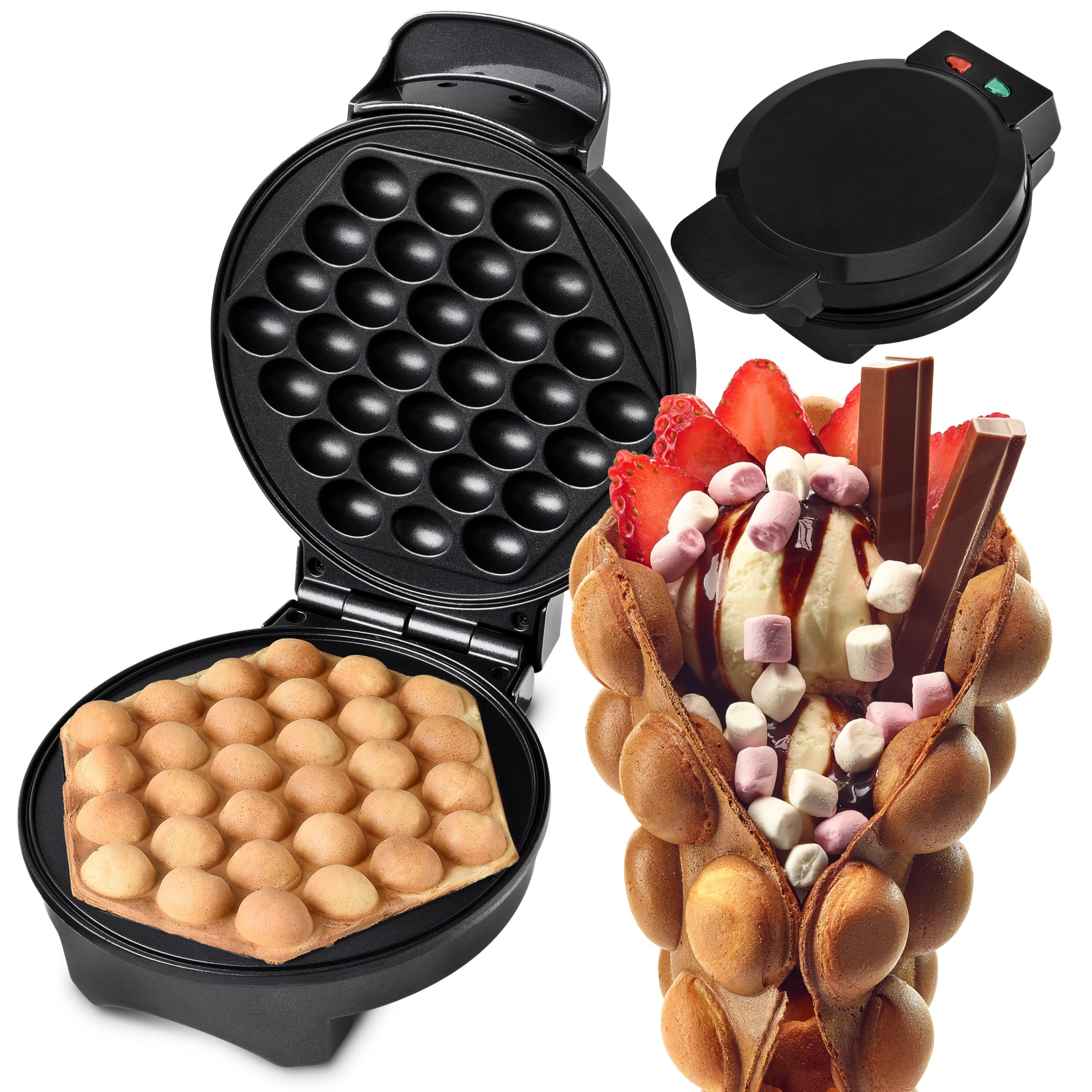 Kalorik Bubble Waffel Maker, elektryczna gofrownica, 850 W, czarna, powłoka nieprzywierająca, 20 x 25 x 9,5 cm, z lampkami kontrolnymi do wafli bąbelkowych EWM 1800 BK