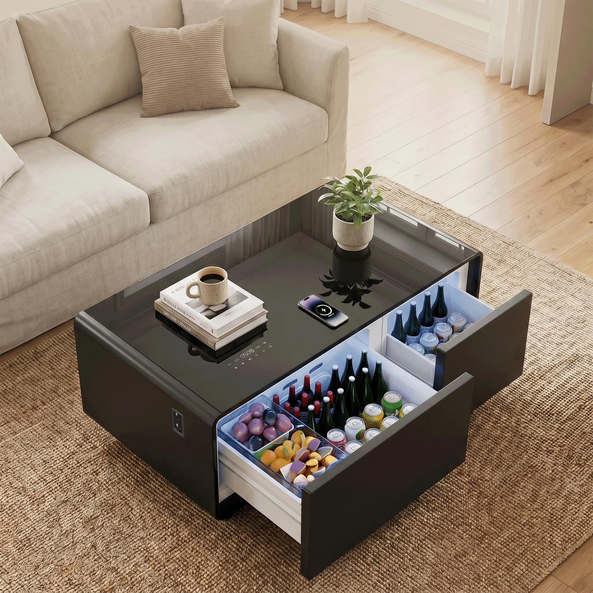LIVTAB Smart Coffee Table, 23" D x 41.5" W x 18.1" H, Living Room Table with Built in Fridge and Speakers, Smart Table with 15W Wireless Charging, USB Chargers (Black)