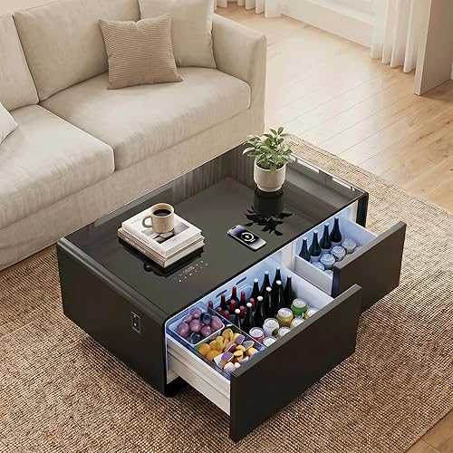 LIVTAB Smart Coffee Table, 23" D x 41.5" W x 18.1" H, Living Room Table with Built in Fridge and Speakers, Smart Table with 15W Wireless Charging, USB Chargers (Black)