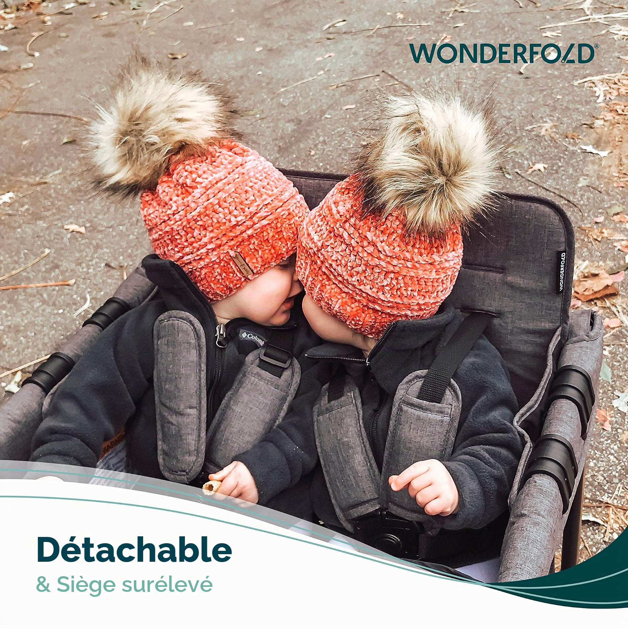 WONDERFOLD W4 Original Poussette (4 places) – Poussette pliable avec sièges avec harnais à 5 points, porte zippée facile d'accès et pare-soleil amovible, gris