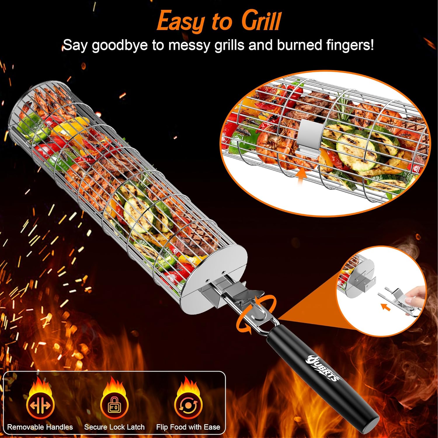 Rolling Grill Baskets for Outdoor Grill, 2PCS BBQ Grilling Basket with Removable Wooden Handle, Stainless Steel Camping Cooking Grill Accessories for Meat Fish Vegetable Seafood, Gifts for Men Dad Husband