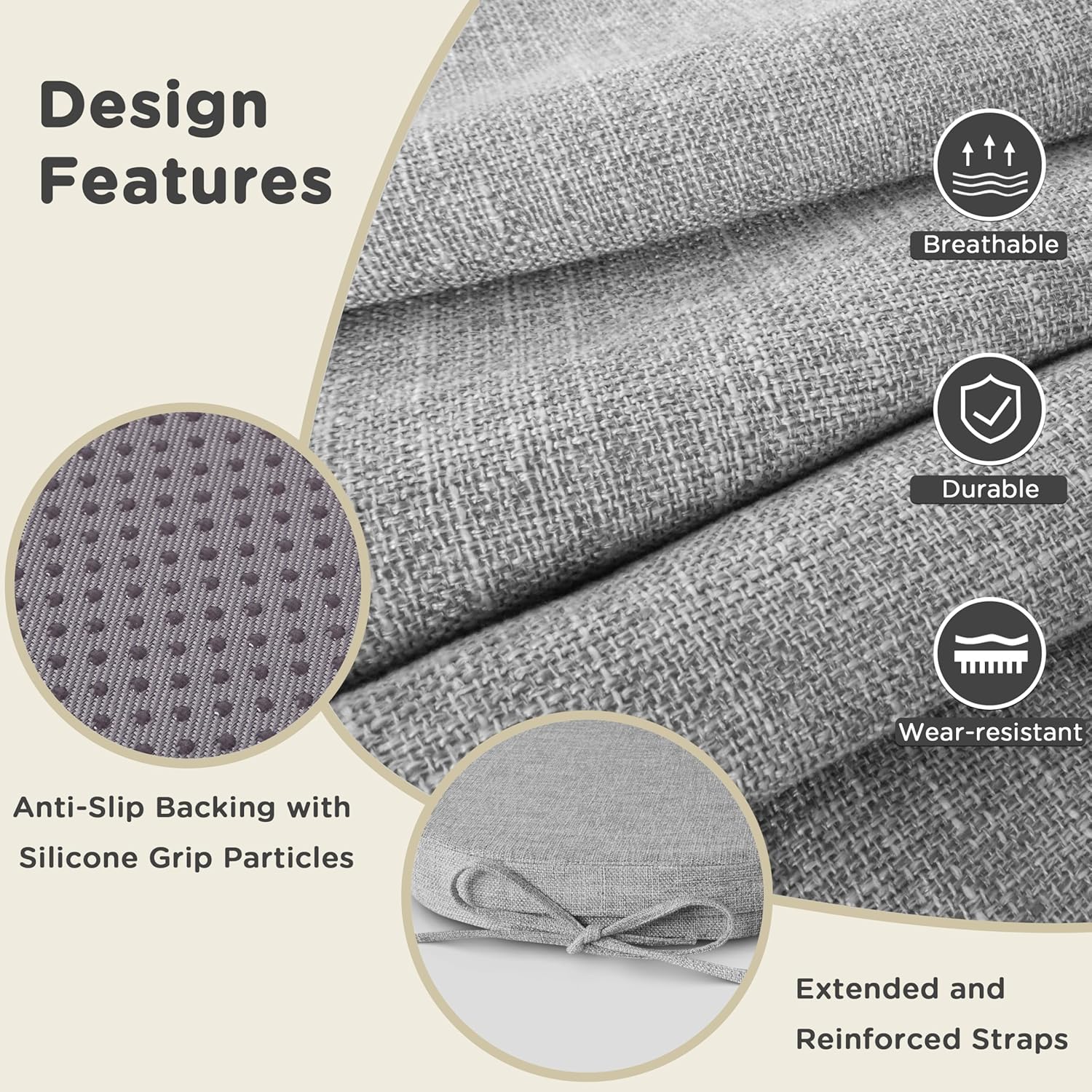 AddGrace Set of 4 Chair Cushions for Metal Dining Chairs 14x14 Chair Pads with Ties Non Slip Thick Seat Cushions with Textured and Removable Cover (4, Light Grey)