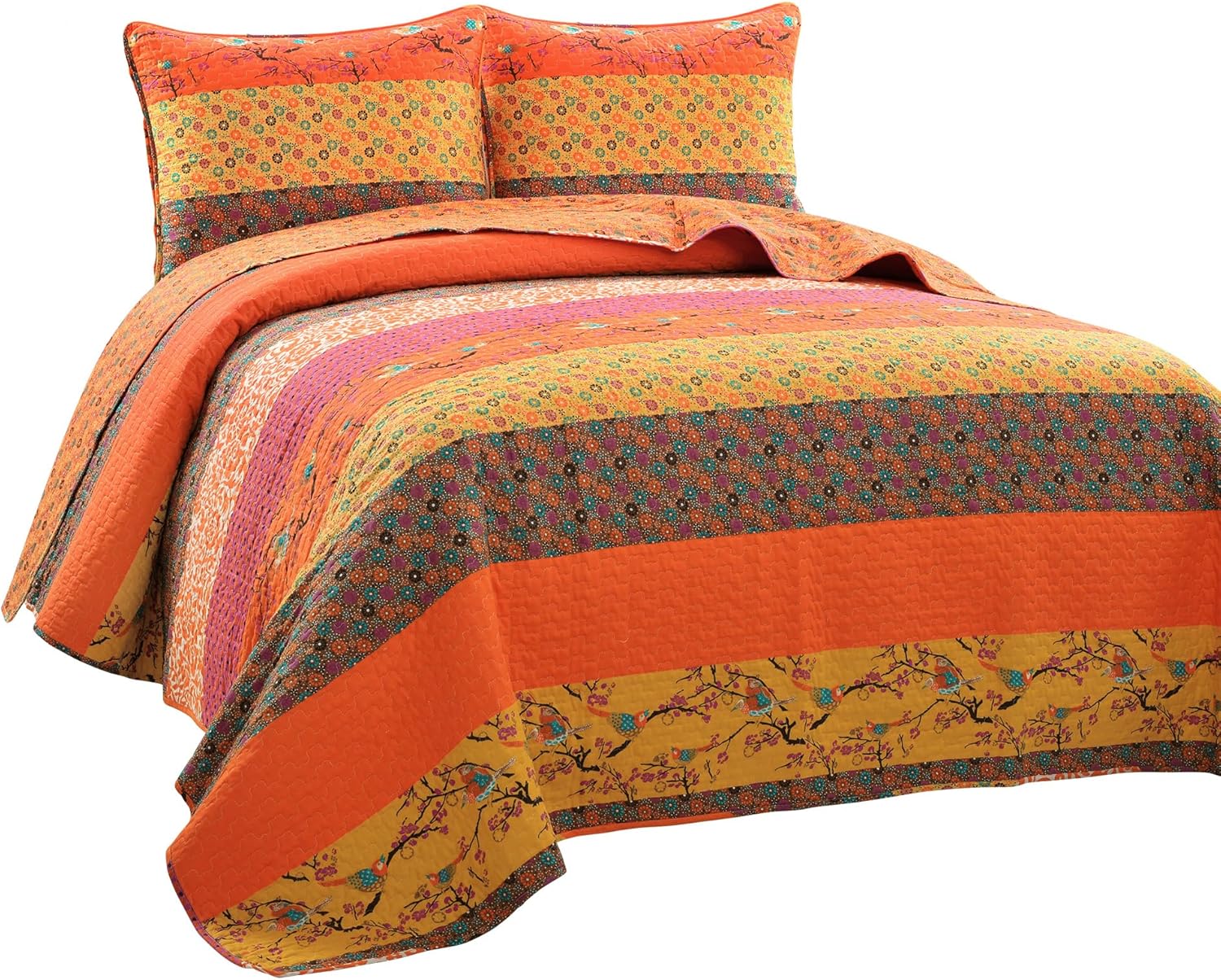 Lush Decor Royal Empire Reversible Cotton Quilt Set, 3 Piece Set Full/ Queen, Tangerine - Striped Bedding Set - Floral Quilt Queen Size - Orange Bedding - Boho Decor - Image 7
